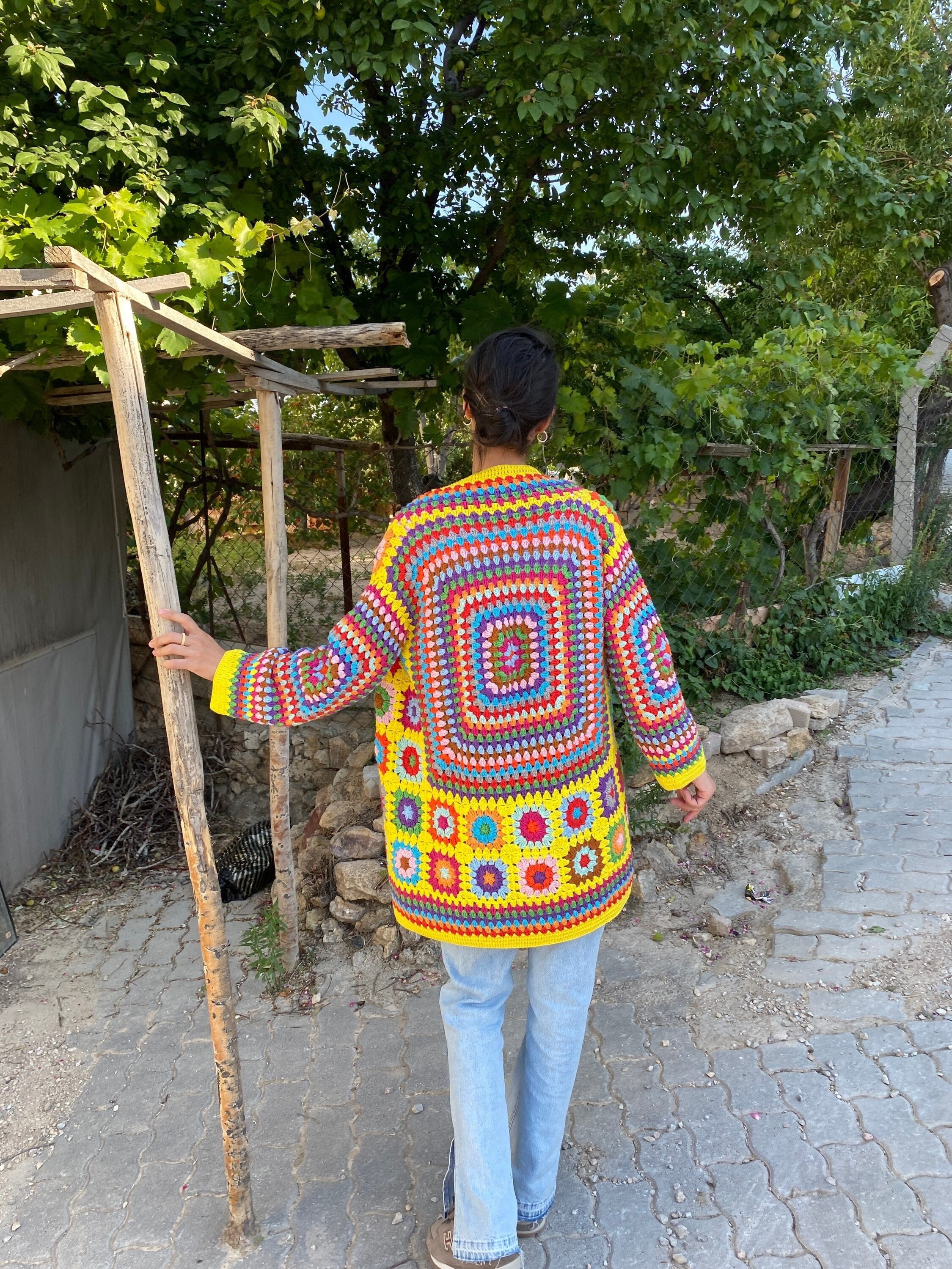 Granny Square Cardigan, Knit Cardigan, Afghan Crochet, Yellow Granny Square Coat, Granny Square C... — photo 6 of 10