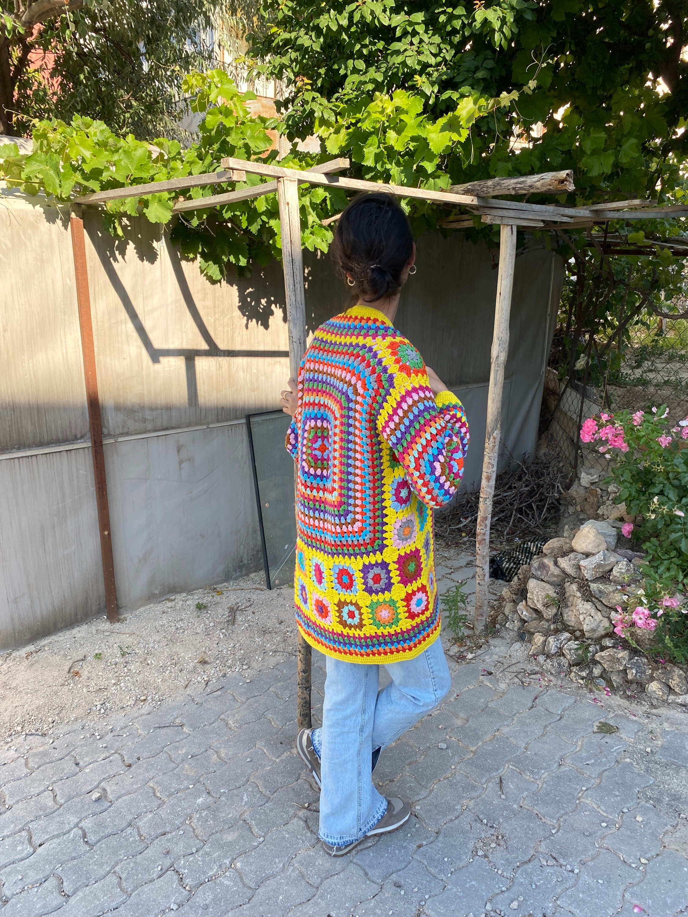 Granny Square Cardigan, Knit Cardigan, Afghan Crochet, Yellow Granny Square Coat, Granny Square C... — photo 4 of 10