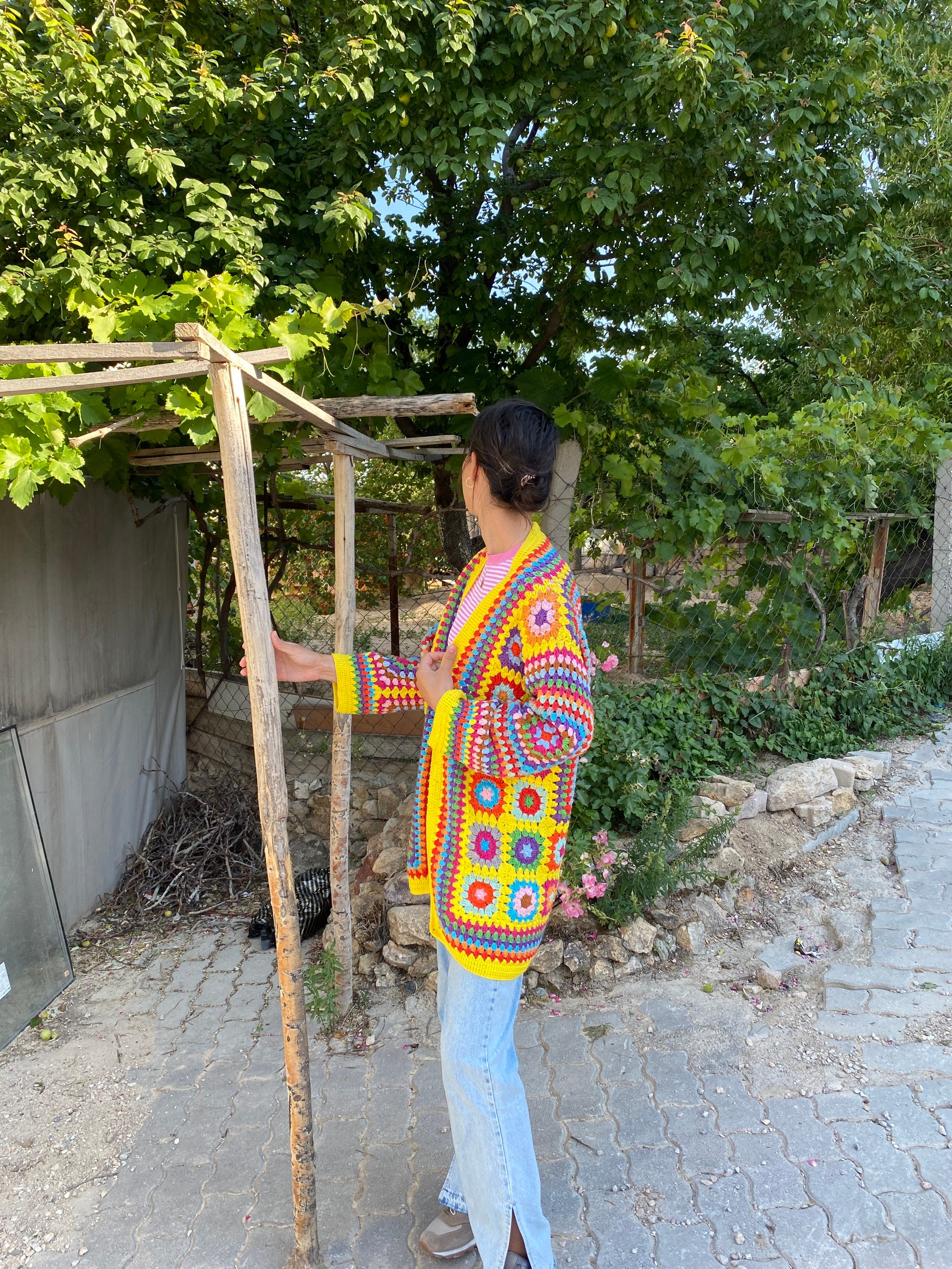 Granny Square Cardigan, Knit Cardigan, Afghan Crochet, Yellow Granny Square Coat, Granny Square C... — photo 7 of 10