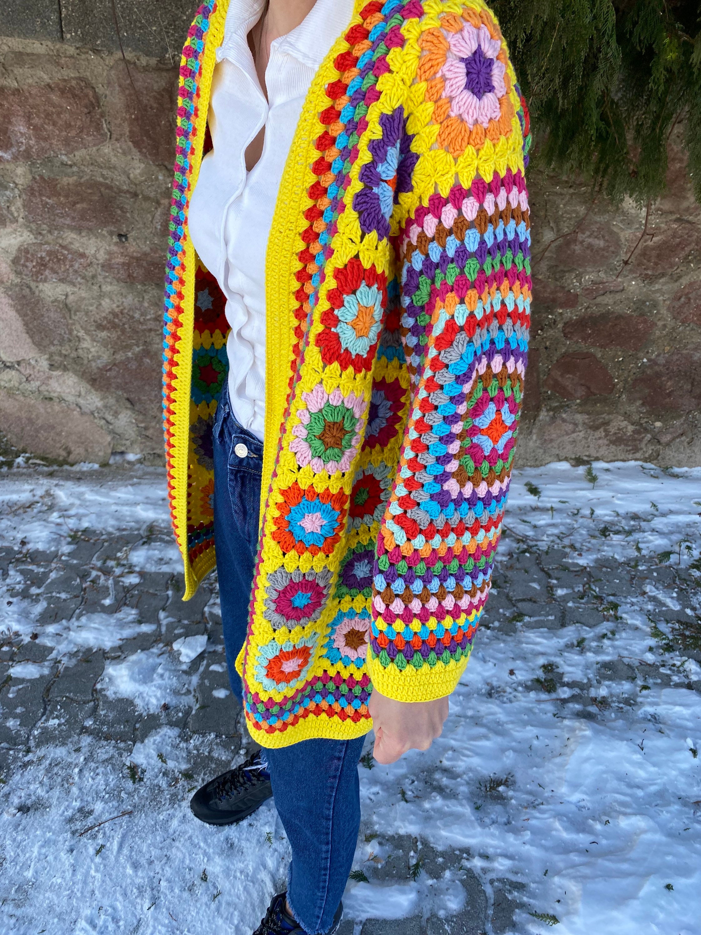 Granny Square Cardigan, Knit Cardigan, Afghan Crochet, Yellow Granny Square Coat, Granny Square Coat, Boho Jacket, Granny Square Sweater
