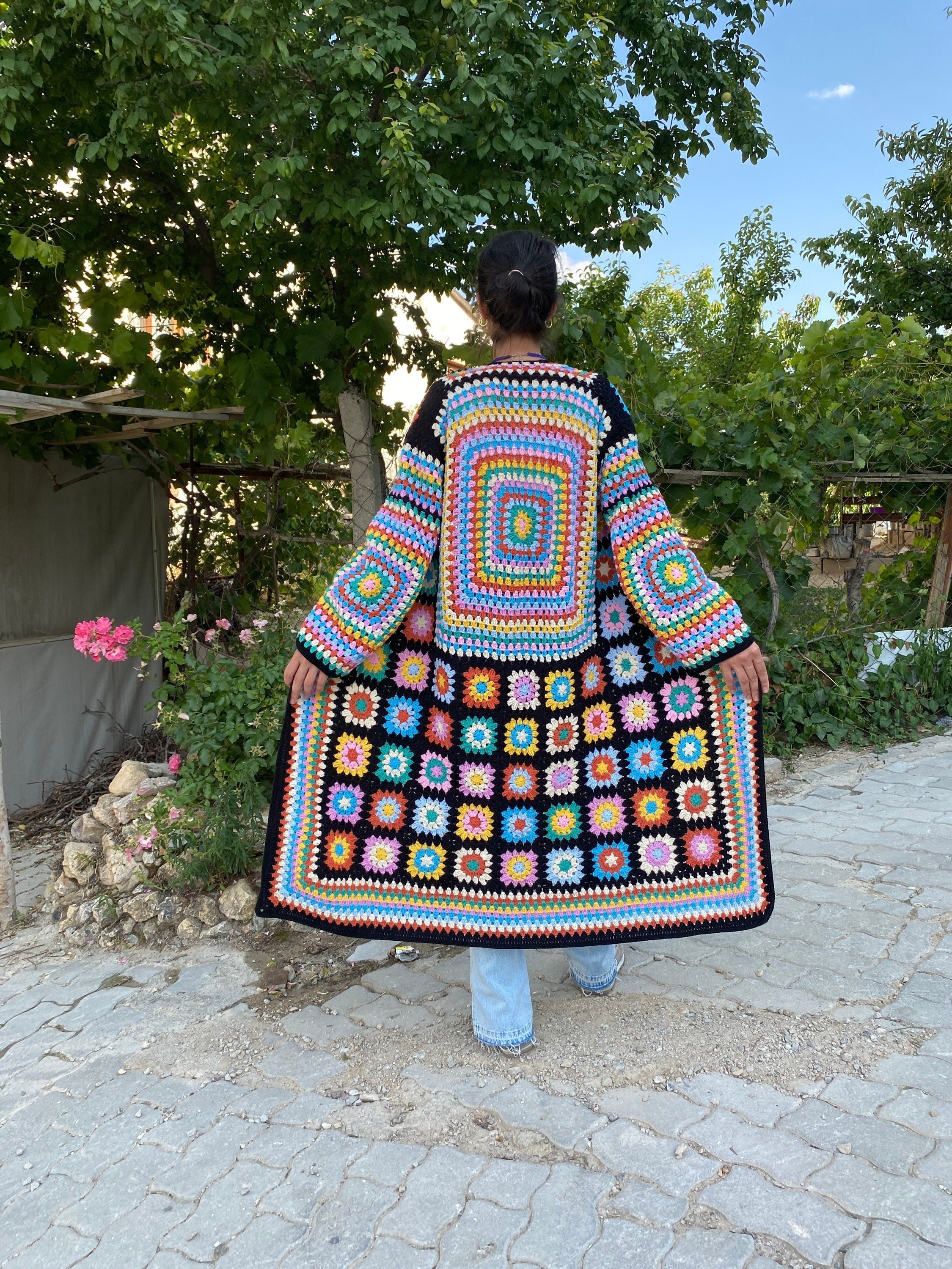Granny Square Cardigan, Long Granny Square Coat, Afghan Crochet Coat, Granny Square Jacket, Boho Jacket, Granny Square Sweater, Hippie Coat