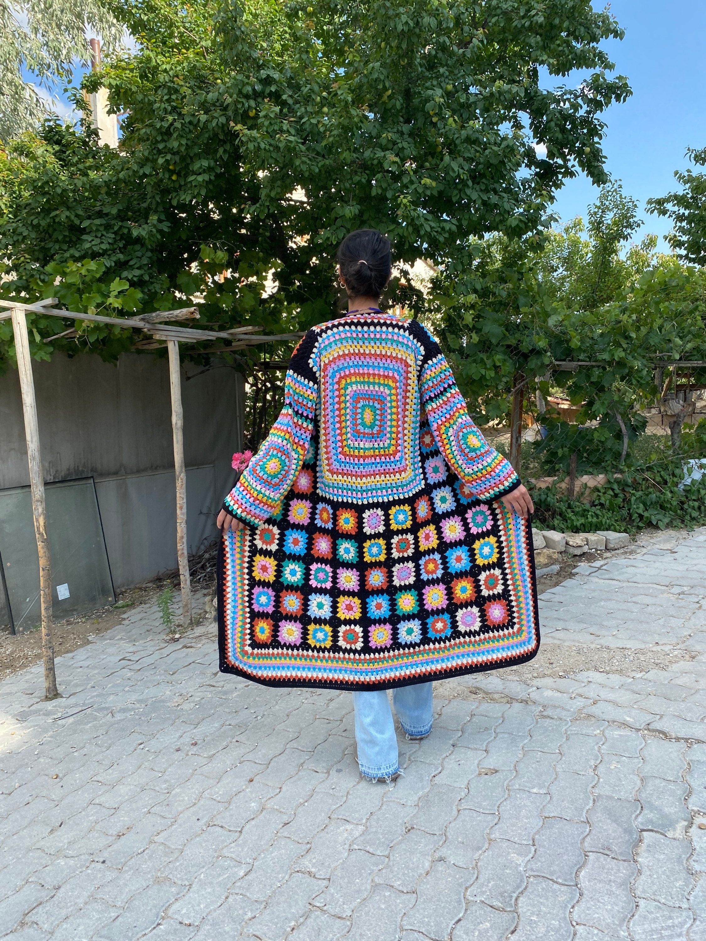 Granny Square Cardigan, Long Granny Square Coat, Afghan Crochet Coat, Granny Square Jacket, Boho ... — photo 4 of 10