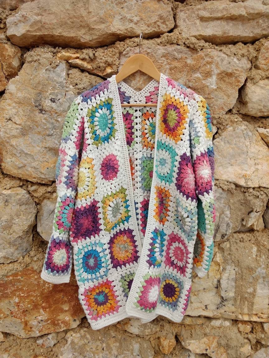 Granny Square Cardigan, Multicolor Jacket, Granny Square Coat, Afghan Coat, Oversized Cardigan, G... — photo 4 of 10