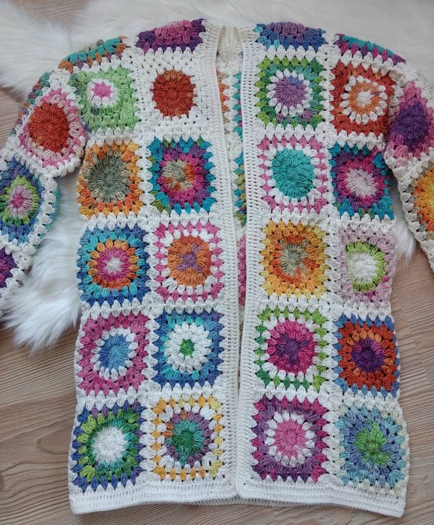 Granny Square Cardigan, Multicolor Jacket, Granny Square Coat, Afghan Coat, Oversized Cardigan, G... — photo 2 of 10