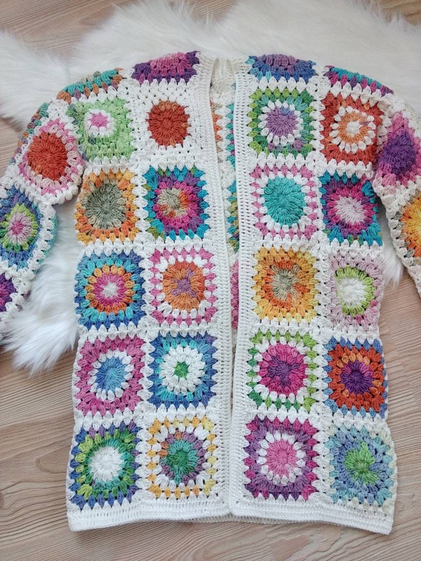 Granny Square Cardigan, Multicolor Jacket, Granny Square Coat, Afghan Coat, Oversized Cardigan, G... — photo 3 of 10