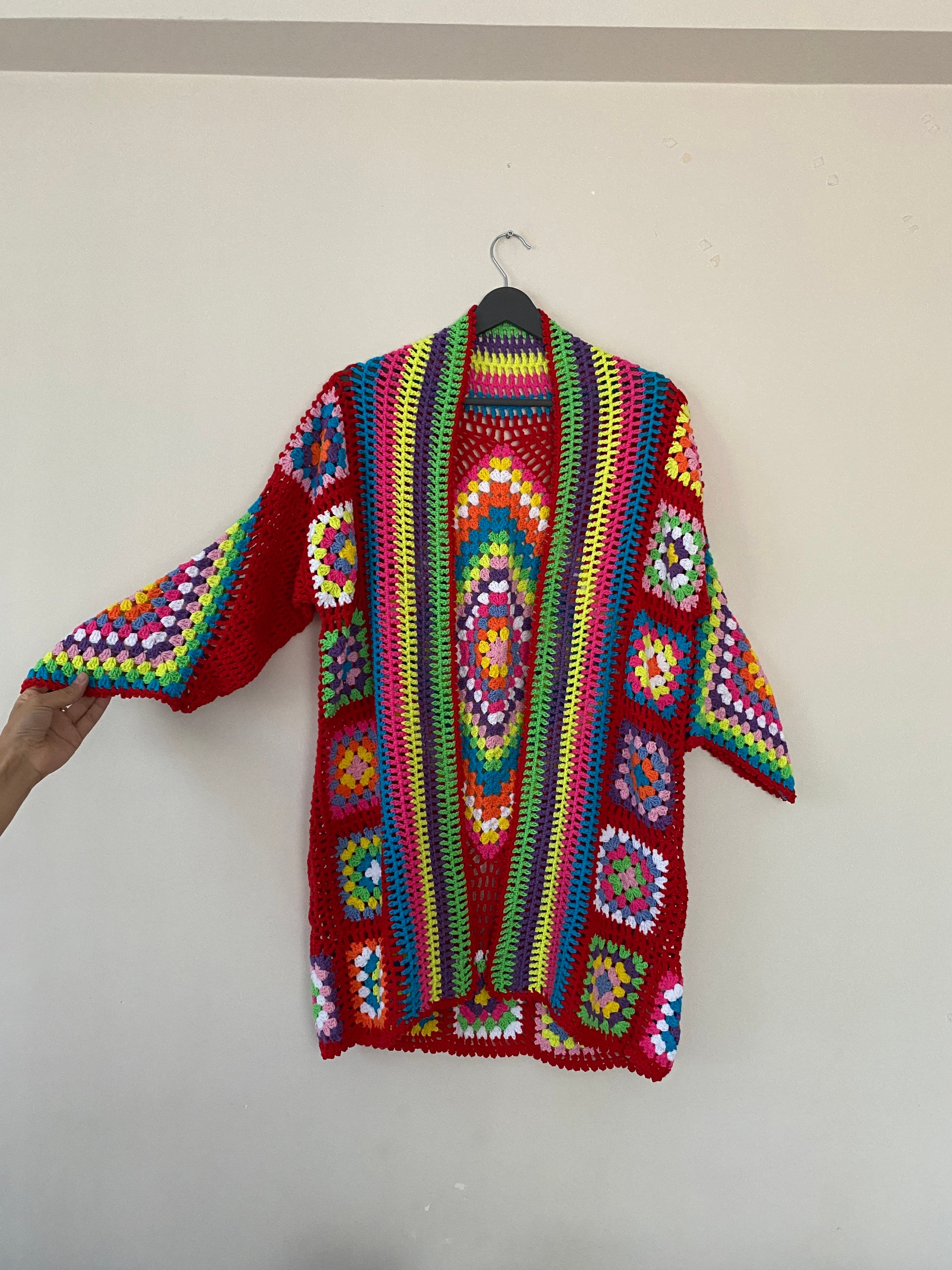 Granny Square Cardigan, Red Knit Cardigan, Afghan Crochet, Boho Granny Square Coat, Granny Square... — photo 7 of 10