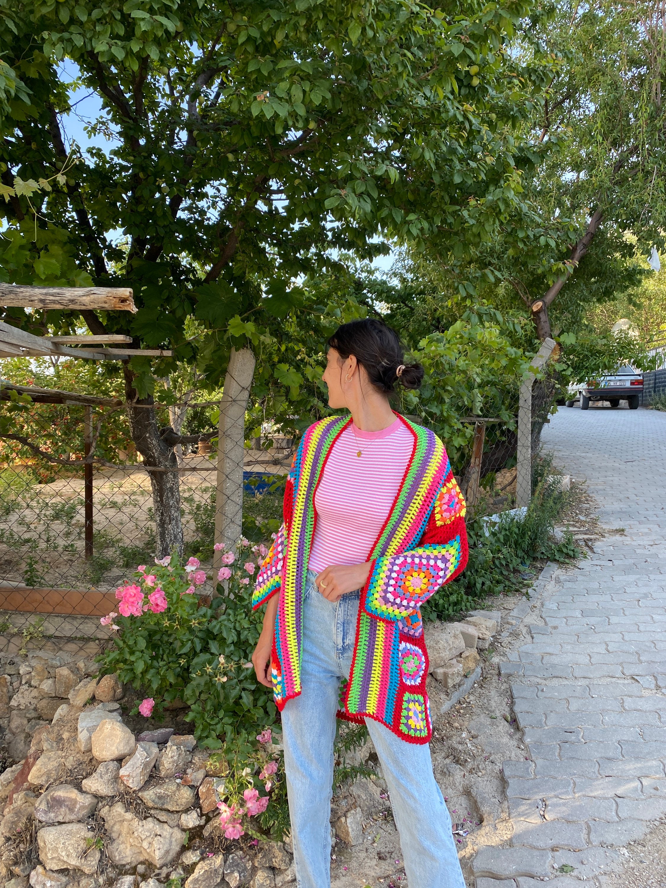 Granny Square Cardigan, Red Knit Cardigan, Afghan Crochet, Boho Granny Square Coat, Granny Square... — photo 6 of 10