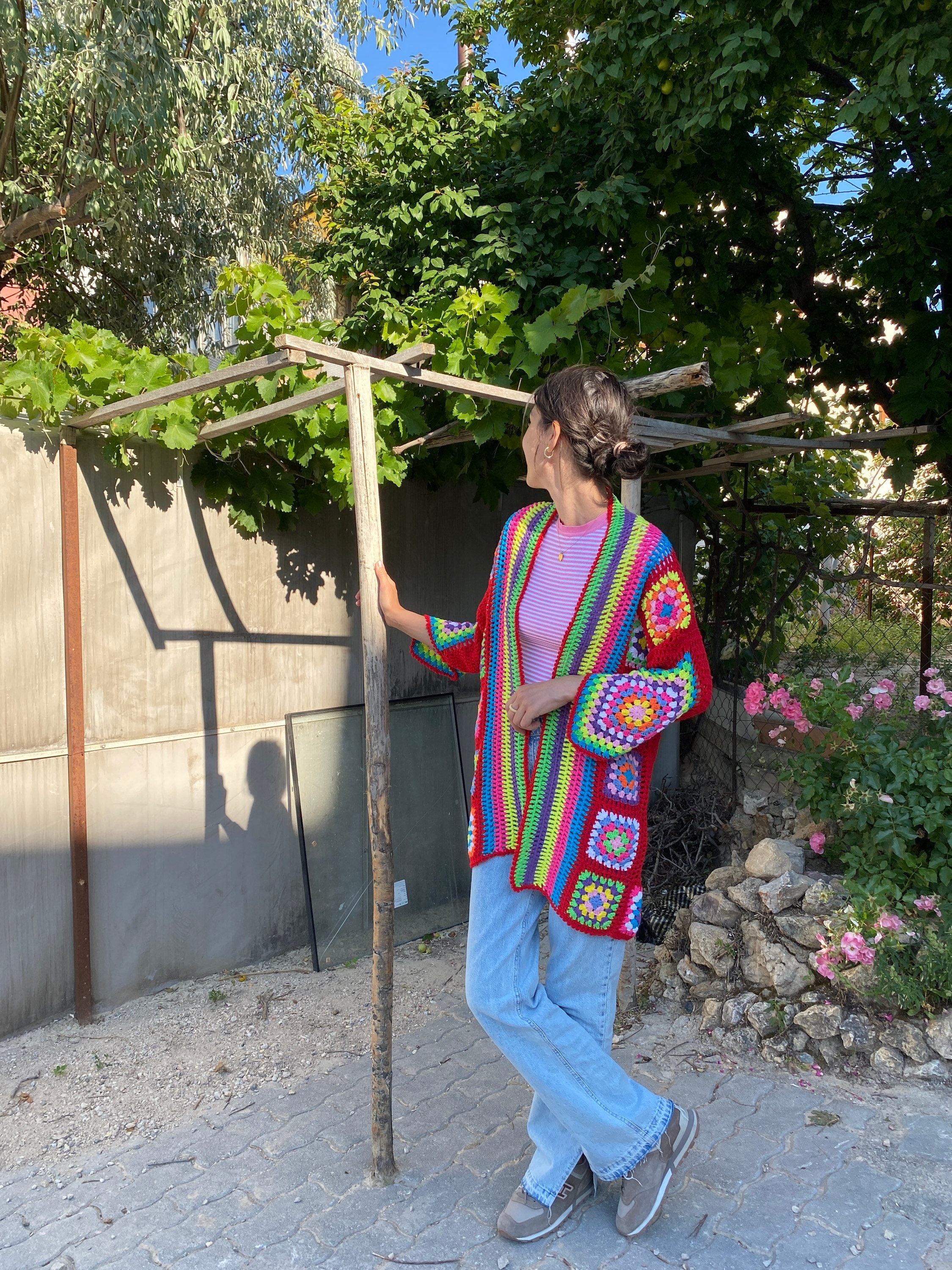 Granny Square Cardigan, Red Knit Cardigan, Afghan Crochet, Boho Granny Square Coat, Granny Square... — photo 3 of 10