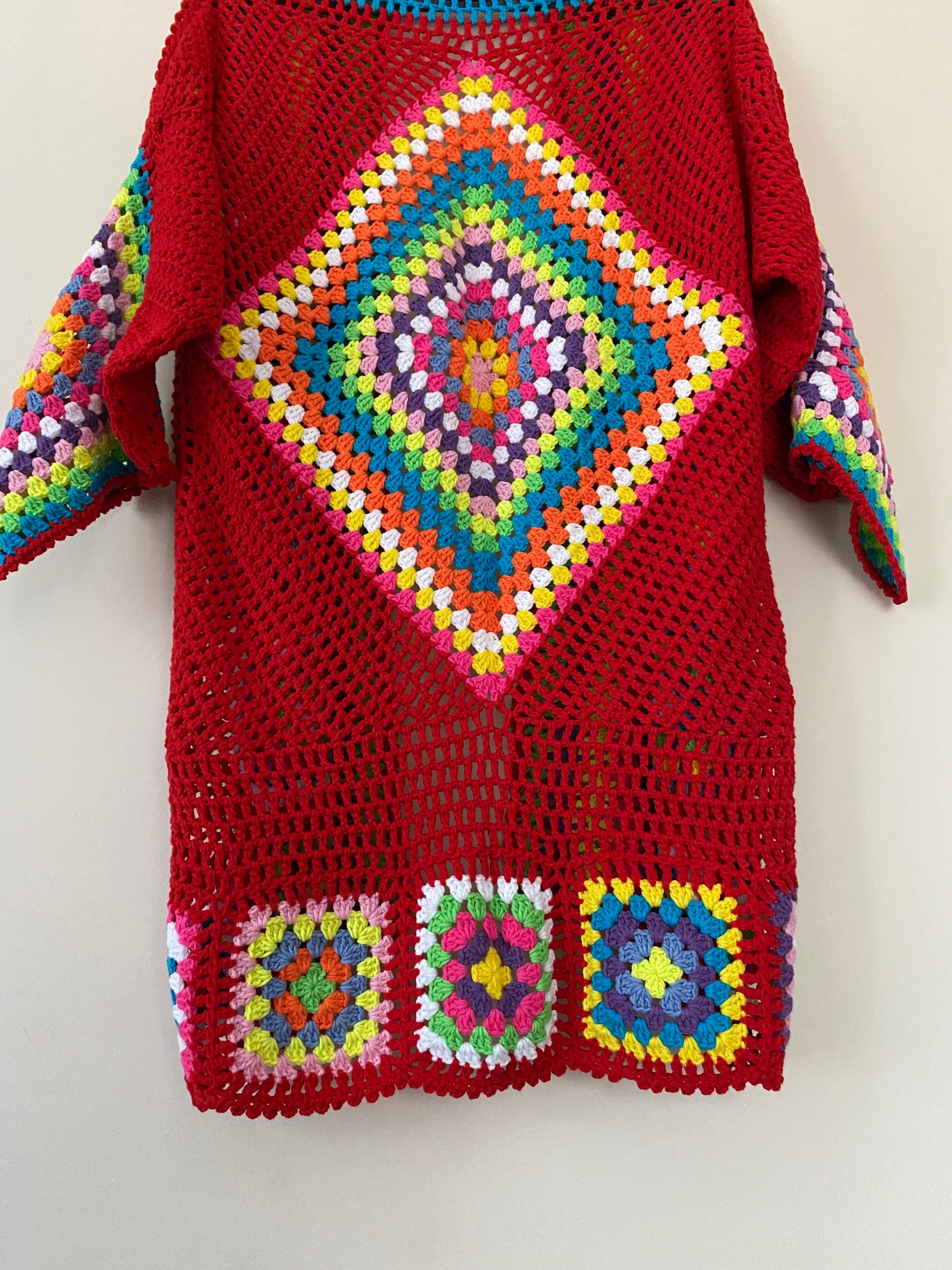 Granny Square Cardigan, Red Knit Cardigan, Afghan Crochet, Boho Granny Square Coat, Granny Square Coat, Boho Jacket, Granny Square Sweater