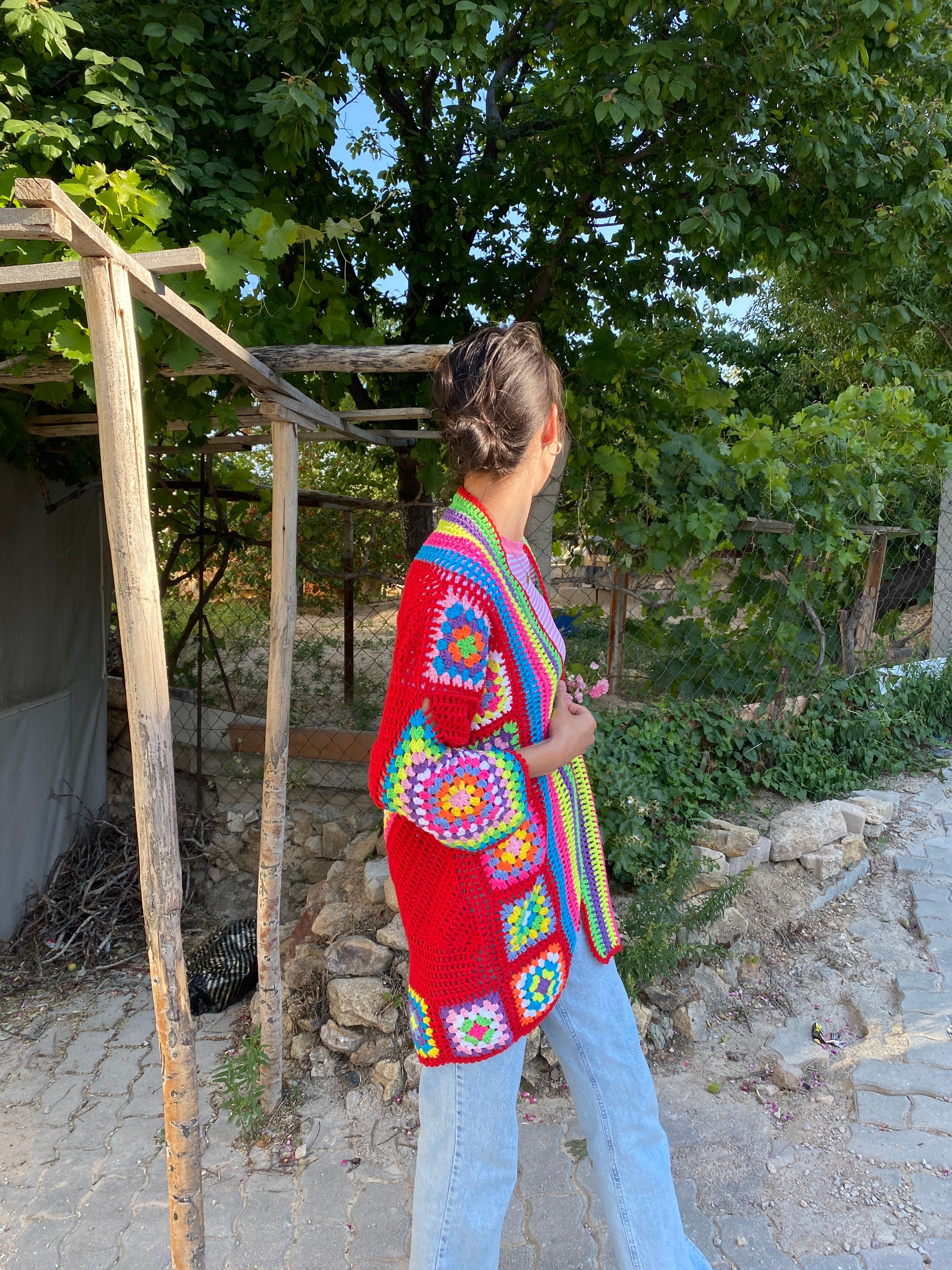 Granny Square Cardigan, Red Knit Cardigan, Afghan Crochet, Boho Granny Square Coat, Granny Square... — photo 2 of 10