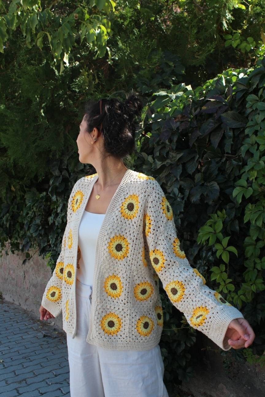Granny Square Cardigan, Sunflower Cardigan, Afghan Crochet Cardigan, Granny Square Jacket, Afghan... — photo 3 of 10