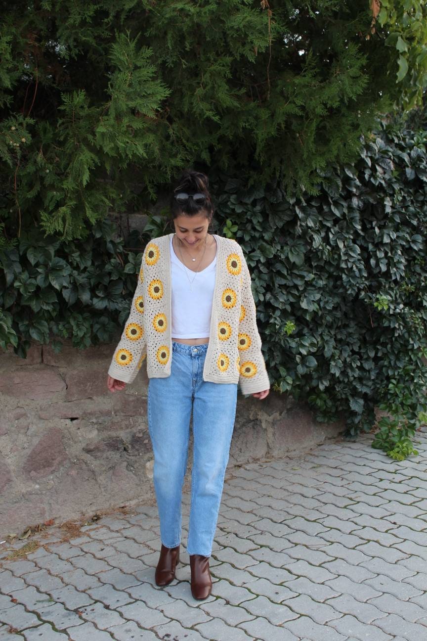 Granny Square Cardigan, Sunflower Cardigan, Afghan Crochet Cardigan, Granny Square Jacket, Afghan... — photo 7 of 10