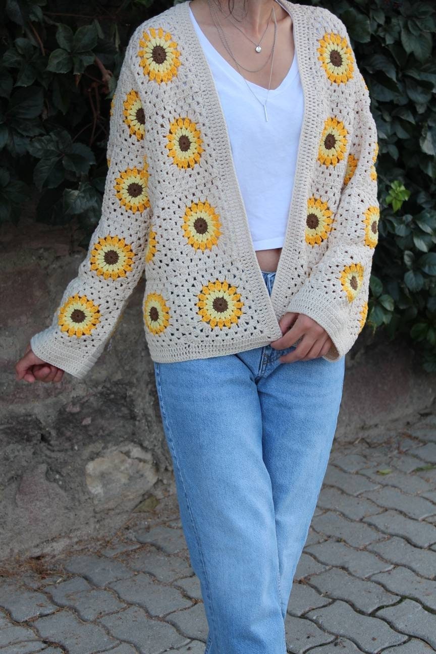Granny Square Cardigan, Sunflower Cardigan, Afghan Crochet Cardigan, Granny Square Jacket, Afghan... — photo 4 of 10