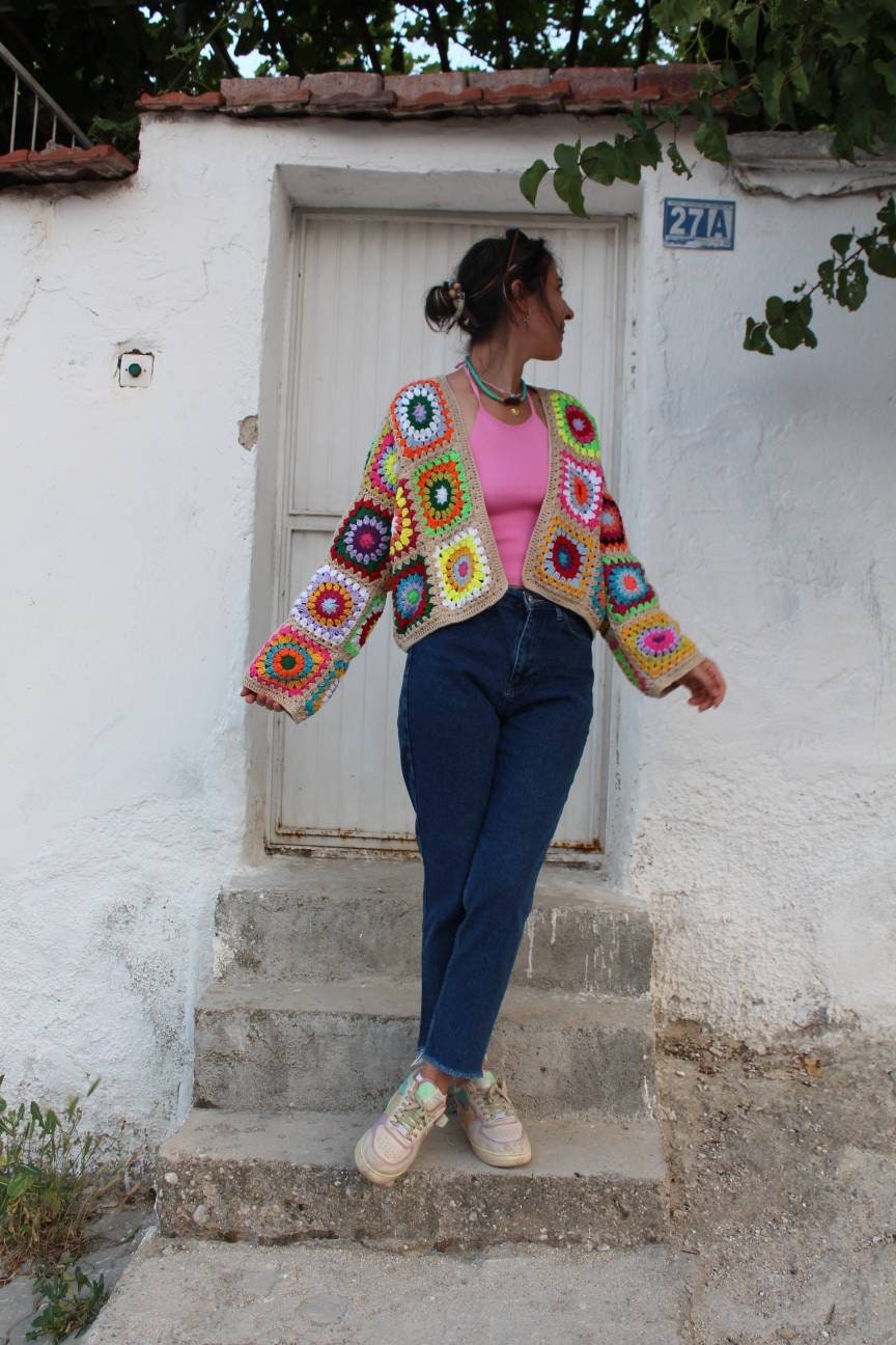 Granny Square Coat, Crochet Afghan Cardigan, Granny Square Jacket, Afghan Coat, Boho Cardigan, Cr... — photo 7 of 10