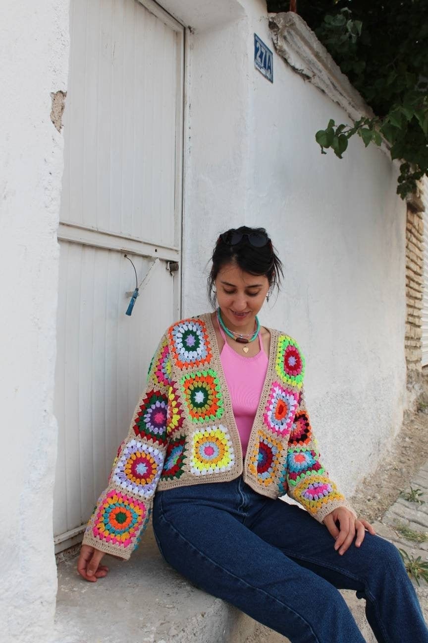 Granny Square Coat, Crochet Afghan Cardigan, Granny Square Jacket, Afghan Coat, Boho Cardigan, Cr... — photo 6 of 10