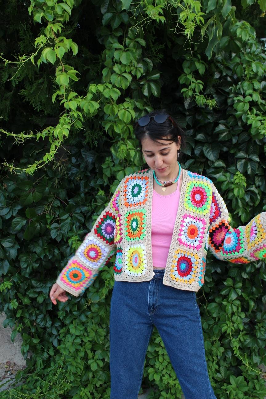 Granny Square Coat, Crochet Afghan Cardigan, Granny Square Jacket, Afghan Coat, Boho Cardigan, Cropped Jacket, Patchwork Cardigan