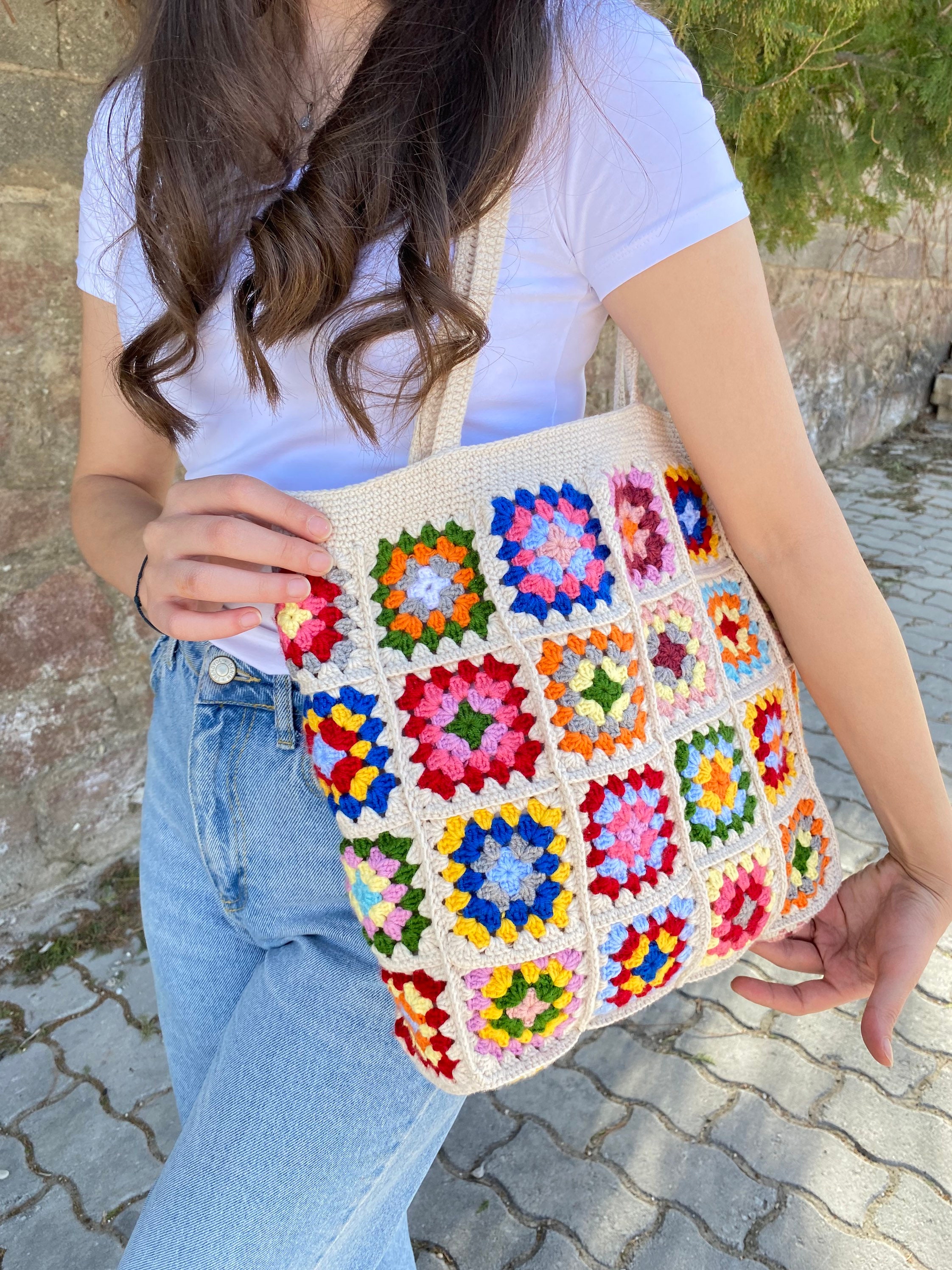 Granny Square Ecru Bag, Crochet Tote Bag, Crochet Bag, Summer Bag, Boho Bag, Vintage Style, Hippie Bag, Granny Square Shoulder Bag, Gift