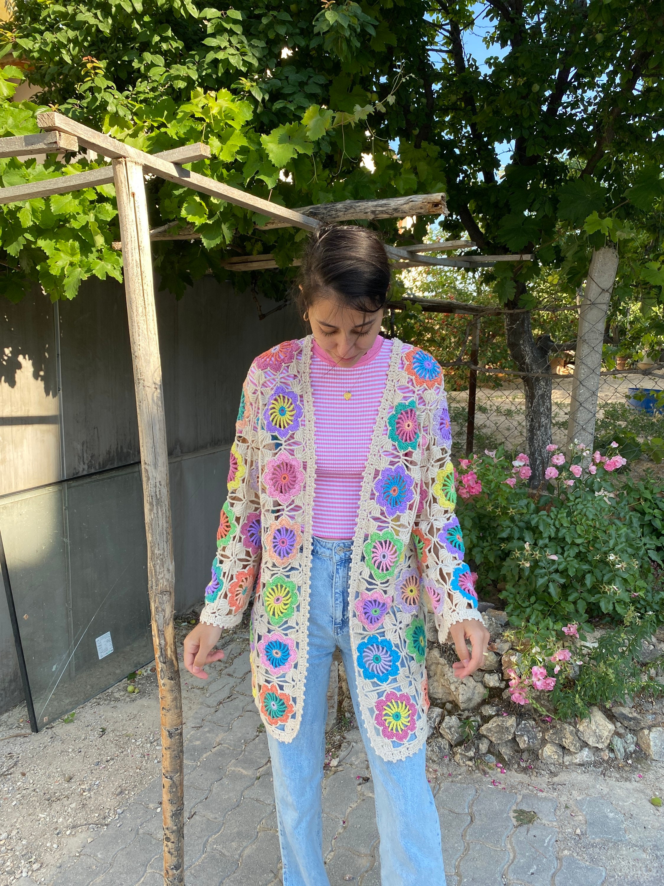 Granny Square Floral Cardigan, Summer Vest Cardigan, Afghan Crochet Cardigan, Summer Cardigan, Gr... — photo 4 of 10