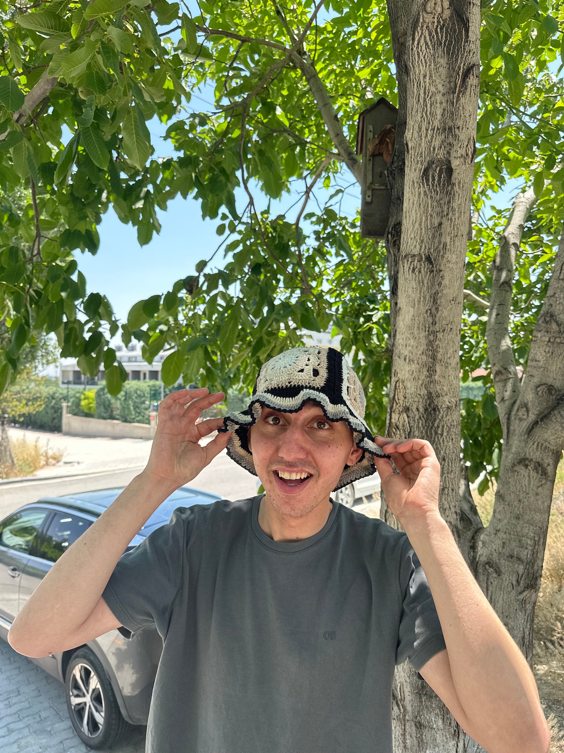 Granny Square Hat, Crochet Flower Hat, Vintage Hat, Cotton Bucket Hat, Crochet Beanie, Black Whit... — photo 5 of 10