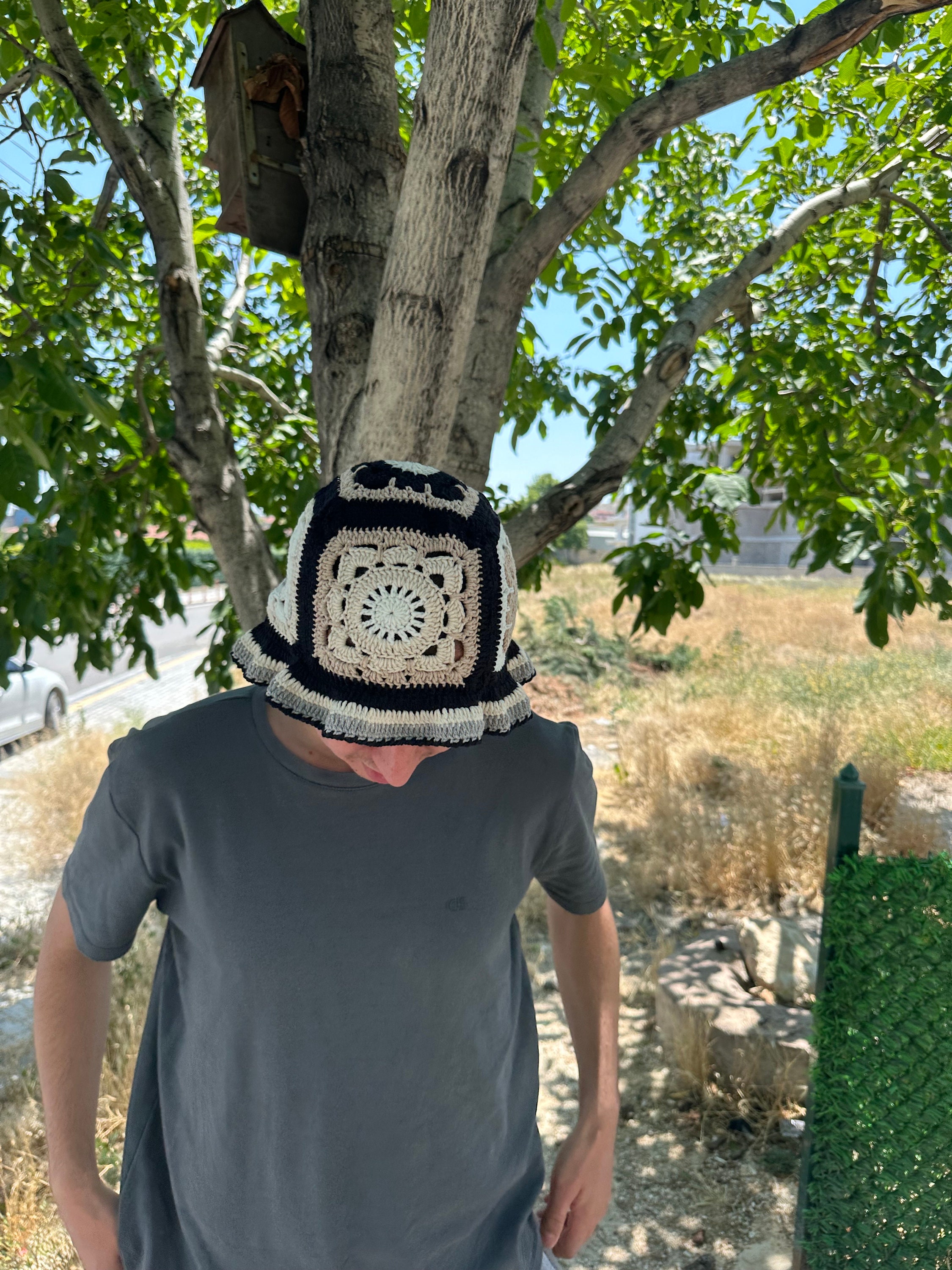 Granny Square Hat, Crochet Flower Hat, Vintage Hat, Cotton Bucket Hat, Crochet Beanie, Black Whit... — photo 7 of 10