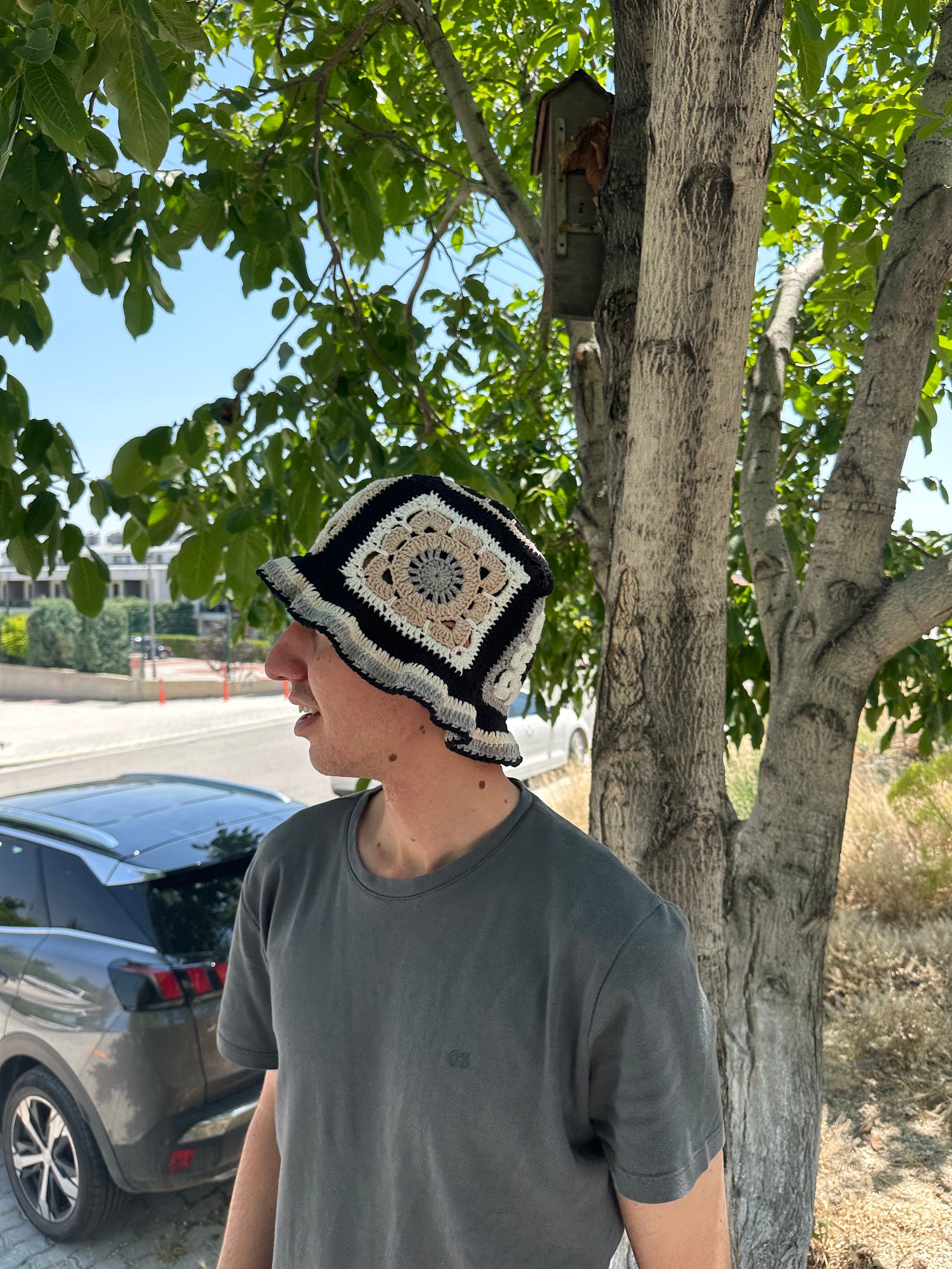 Granny Square Hat, Crochet Flower Hat, Vintage Hat, Cotton Bucket Hat, Crochet Beanie, Black Whit... — photo 4 of 10