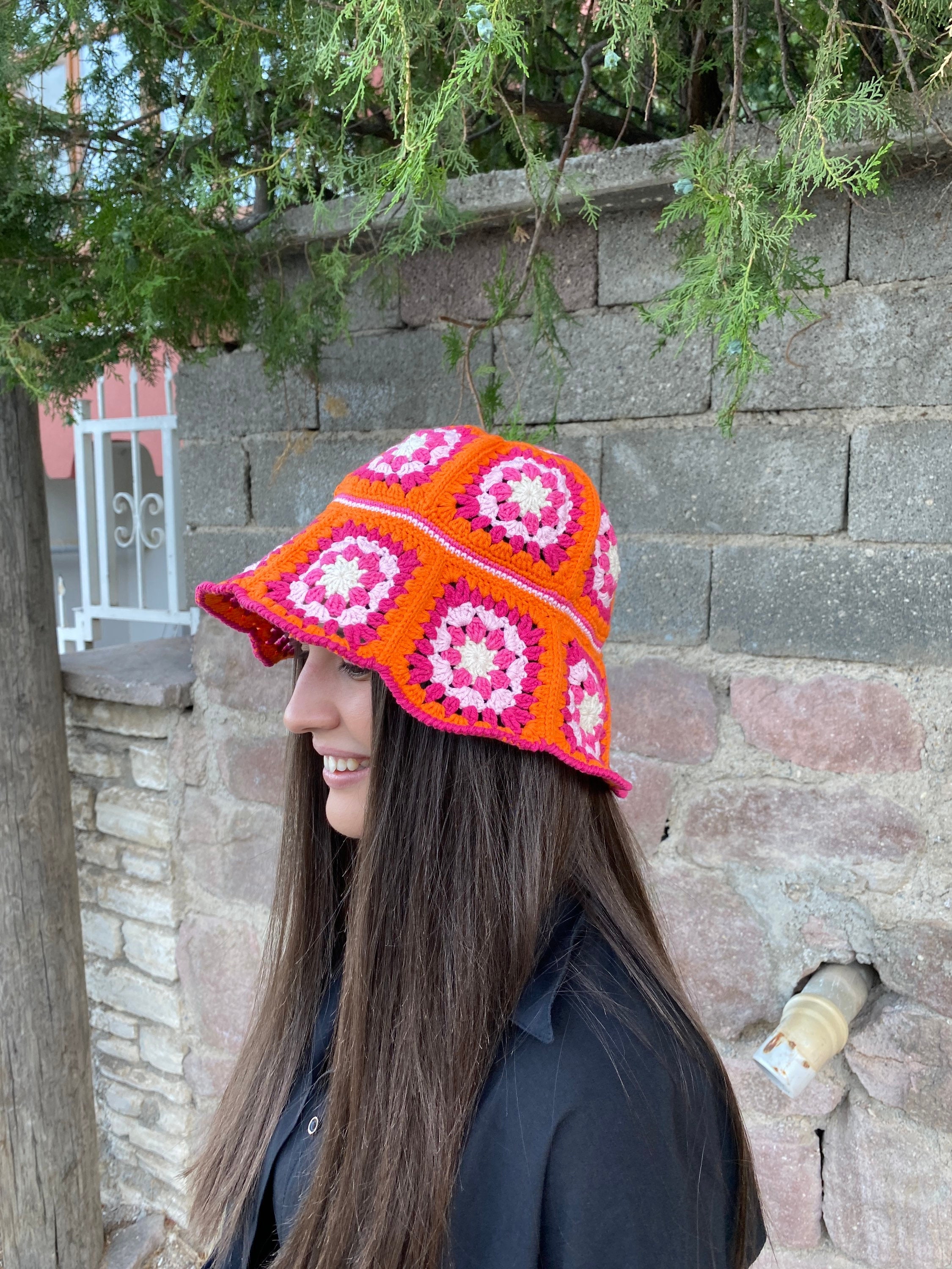 Granny Square Hat, Orange Pink Hat, Colorful Bucket Hat, Rainbow Crochet Hat, Festival Hat, Bucket Hat, Crochet Sun Hat, Summer Sun Hat
