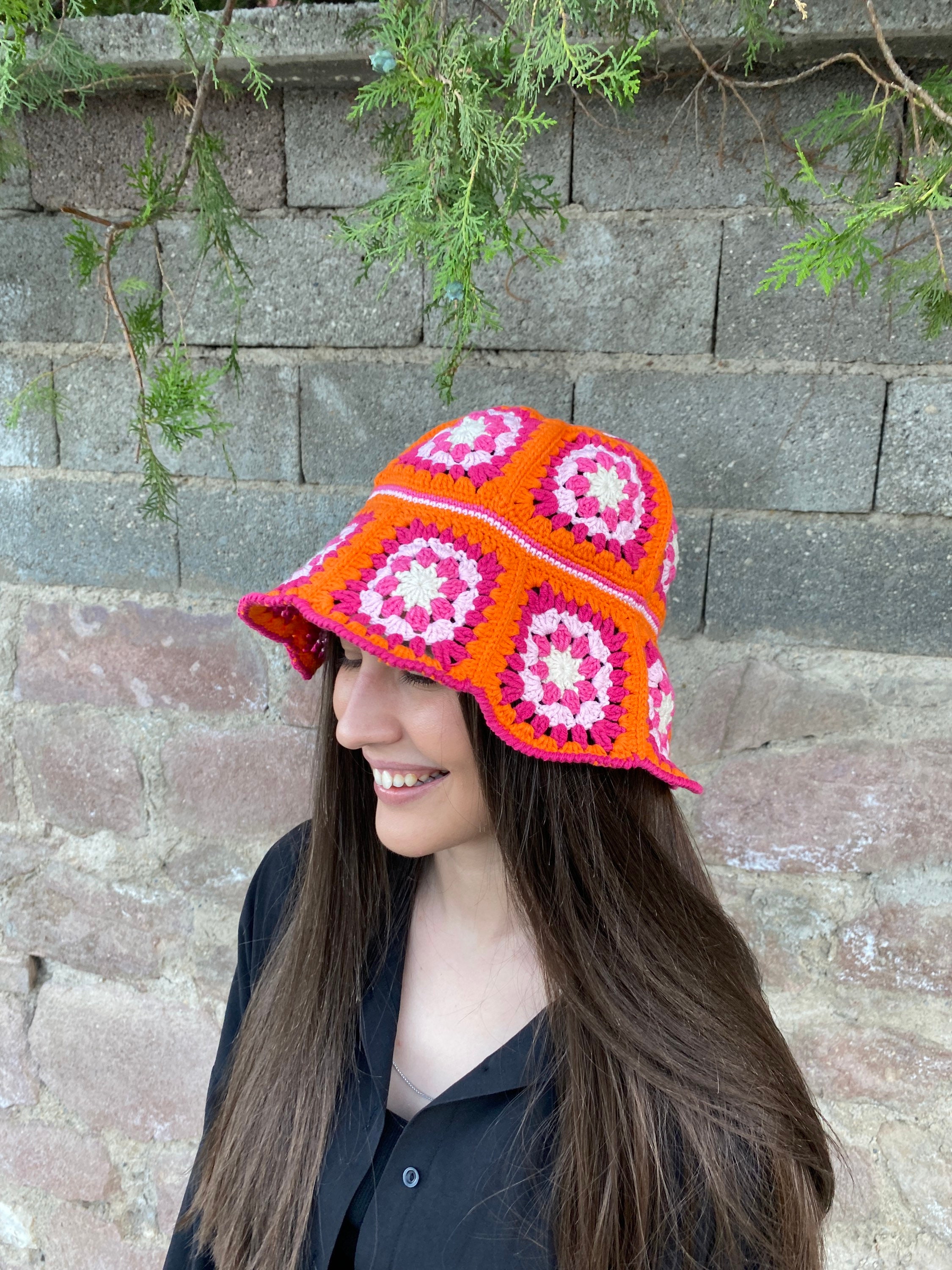 Granny Square Hat, Orange Pink Hat, Colorful Bucket Hat, Rainbow Crochet Hat, Festival Hat, Bucke... — photo 3 of 10