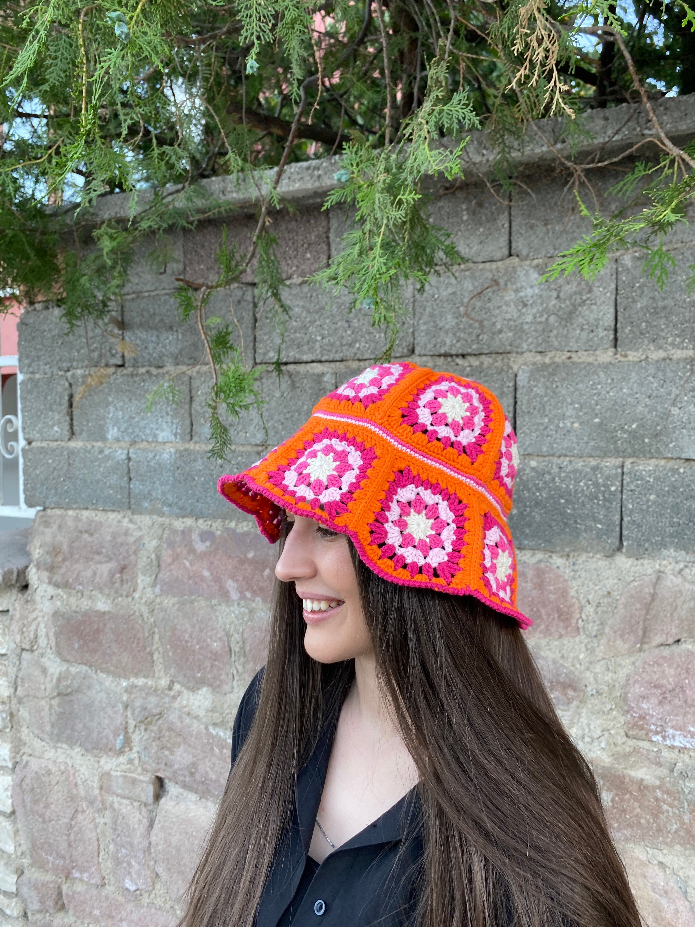 Granny Square Hat, Orange Pink Hat, Colorful Bucket Hat, Rainbow Crochet Hat, Festival Hat, Bucke... — photo 2 of 10