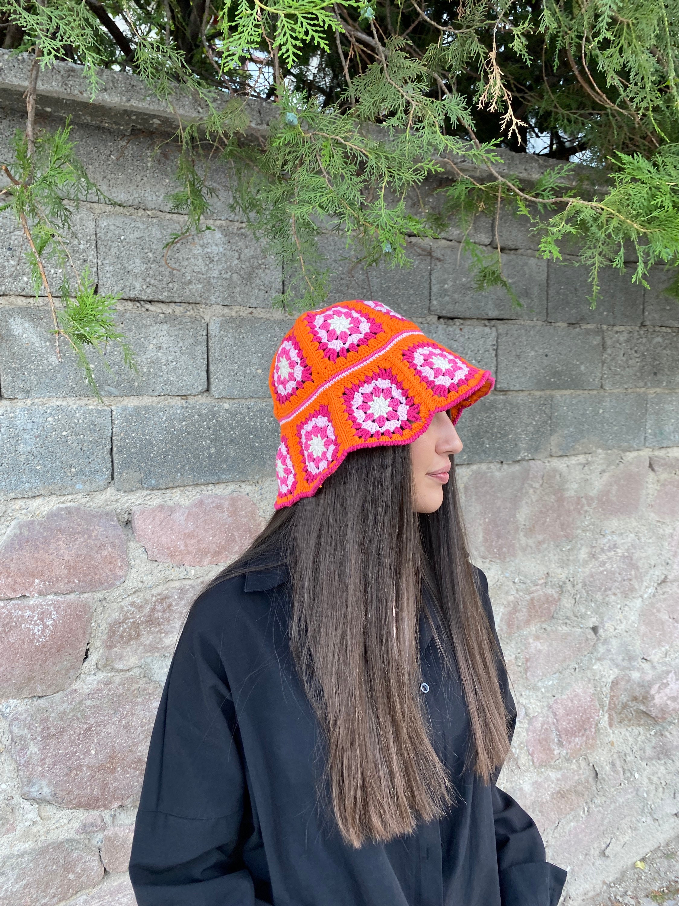 Granny Square Hat, Orange Pink Hat, Colorful Bucket Hat, Rainbow Crochet Hat, Festival Hat, Bucke... — photo 6 of 10