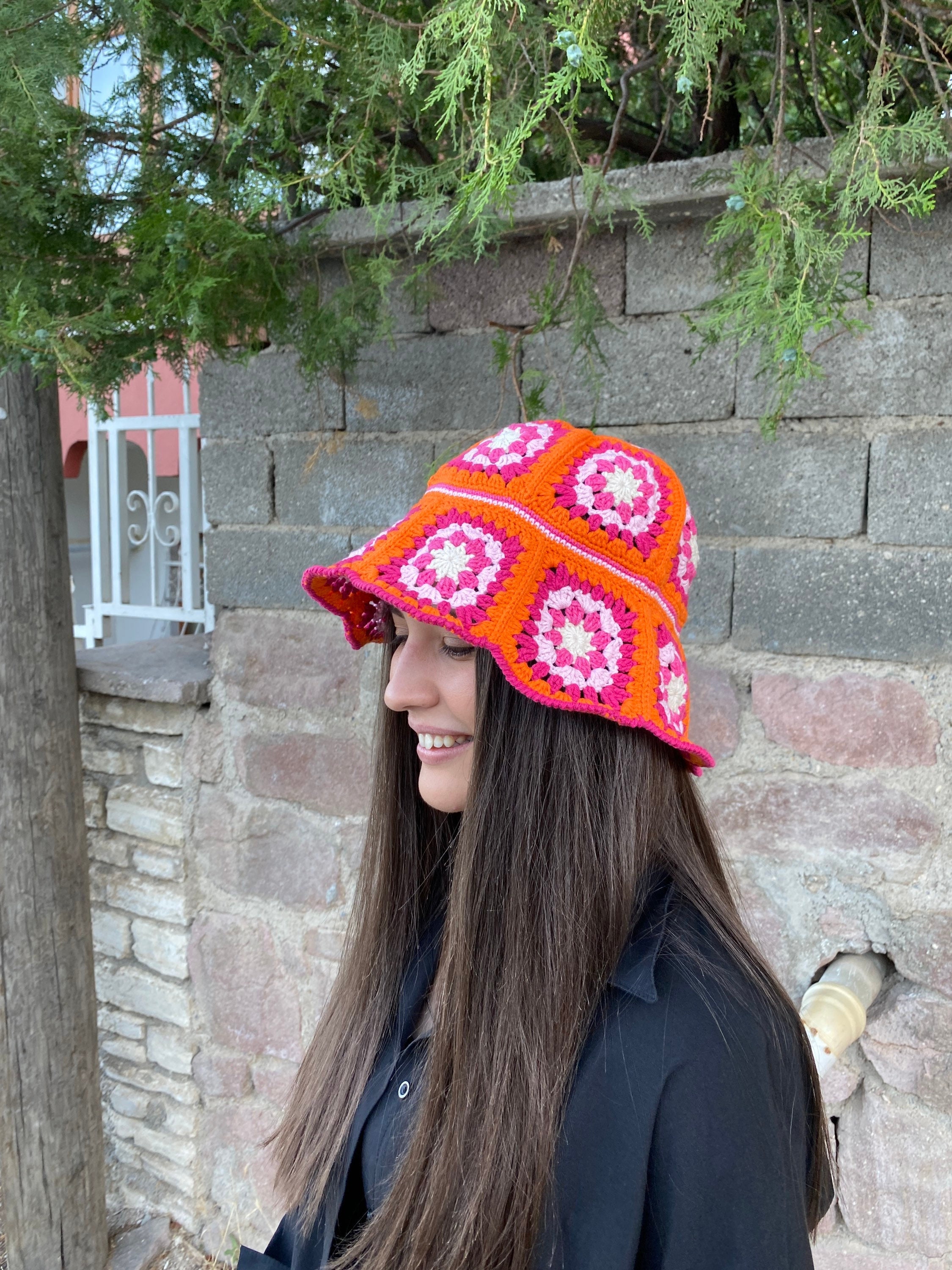 Granny Square Hat, Orange Pink Hat, Colorful Bucket Hat, Rainbow Crochet Hat, Festival Hat, Bucke... — photo 4 of 10