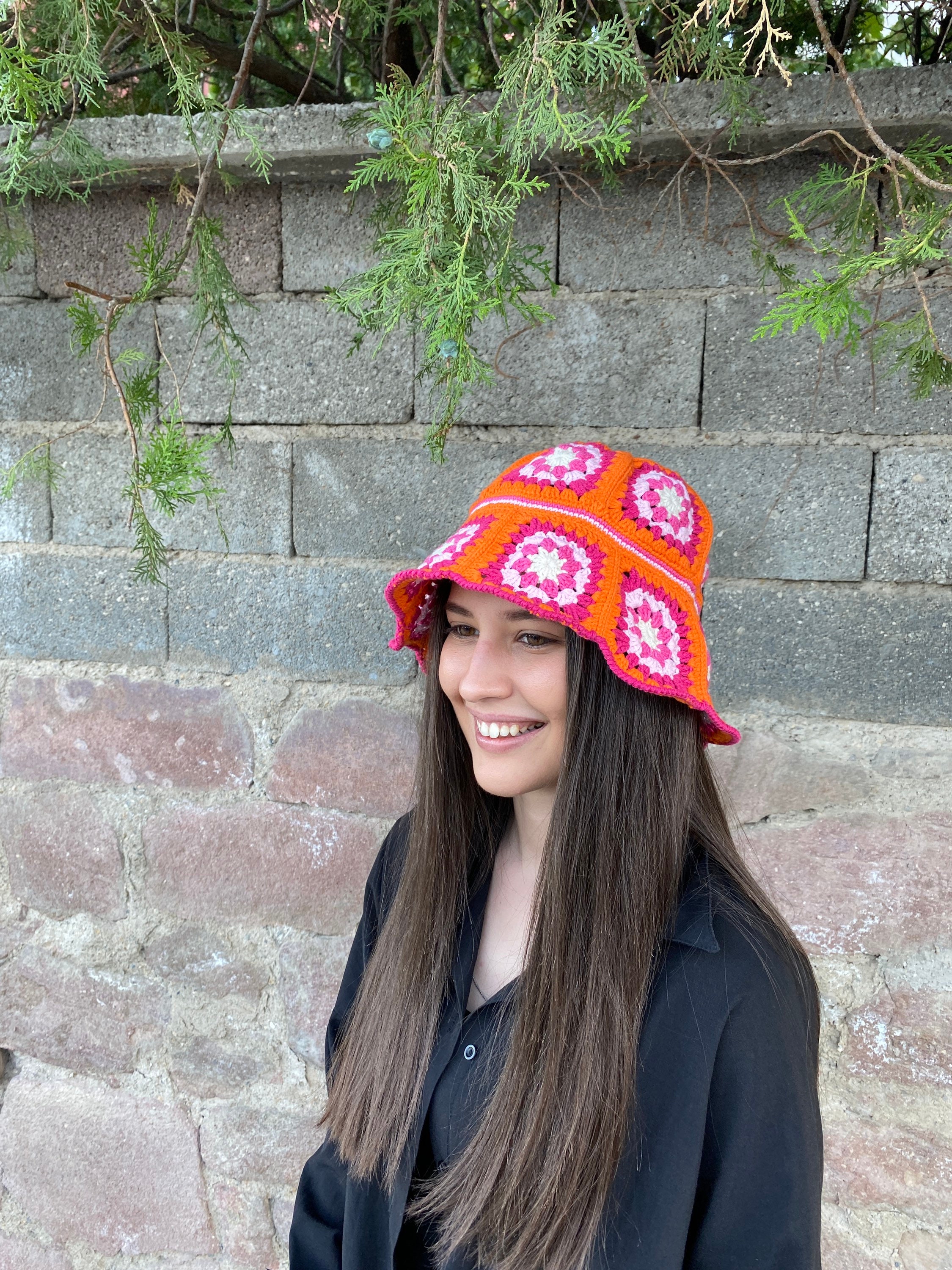 Granny Square Hat, Orange Pink Hat, Colorful Bucket Hat, Rainbow Crochet Hat, Festival Hat, Bucke... — photo 7 of 10