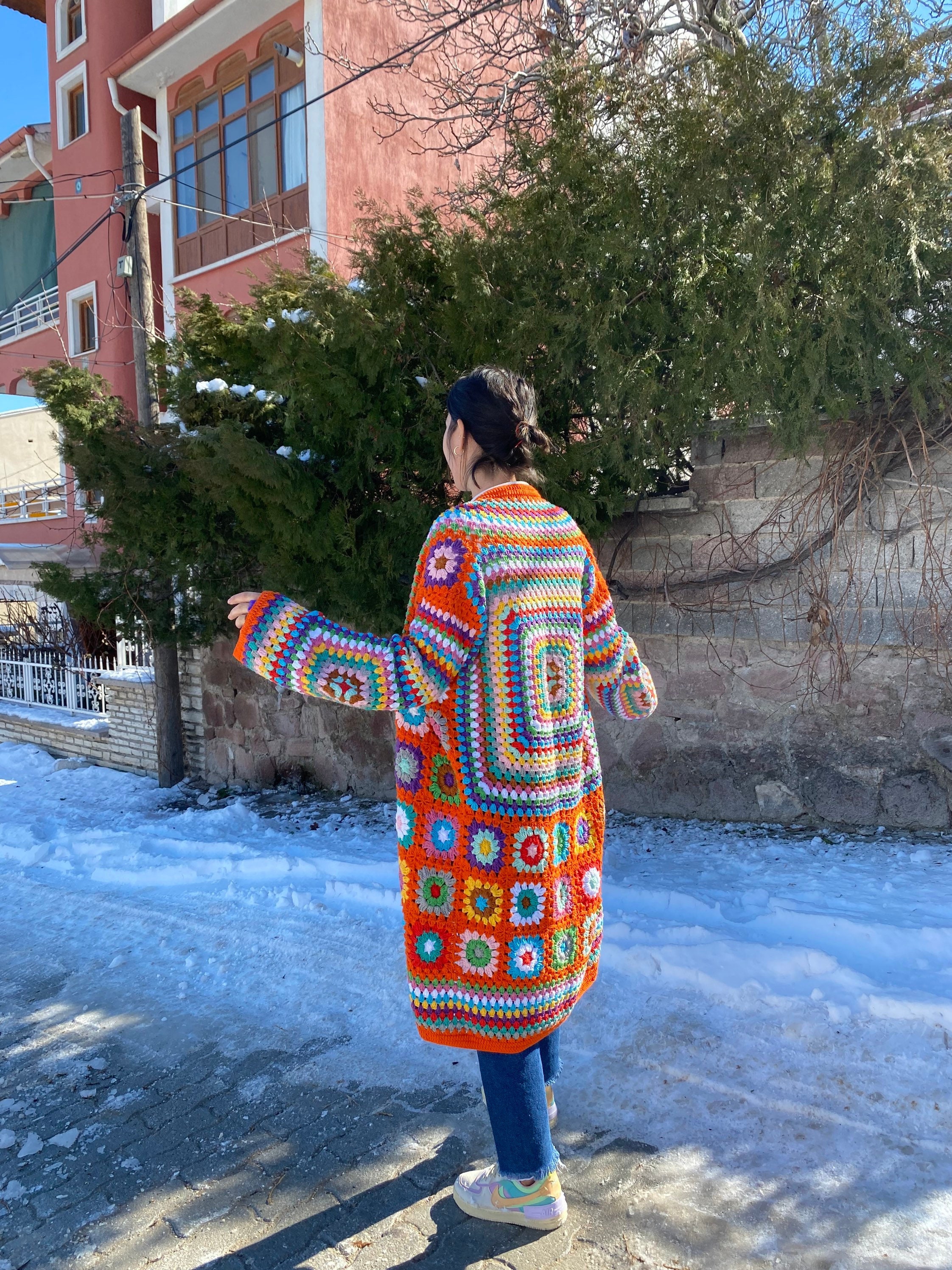 Granny Square Jacket, Afghan Patchwork Cardigan, Boho Crochet Woman's Coat - Oversize Long Sleeve Cardigan in Vibrant Orange
