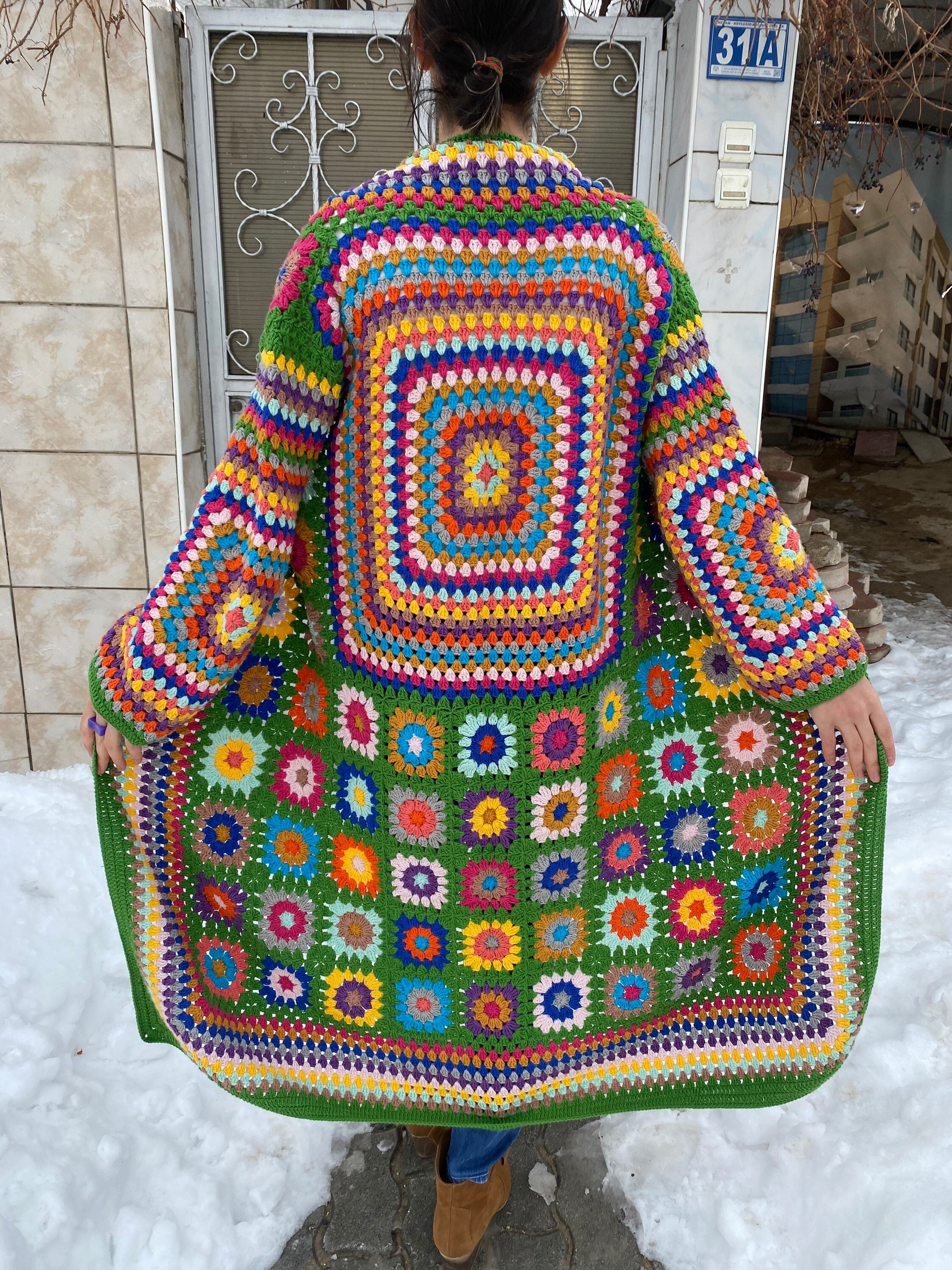 Granny Square Jacket, Green Knit Cardigan, Afghan Crochet, Long Granny Square Coat, Granny Square... — photo 3 of 10