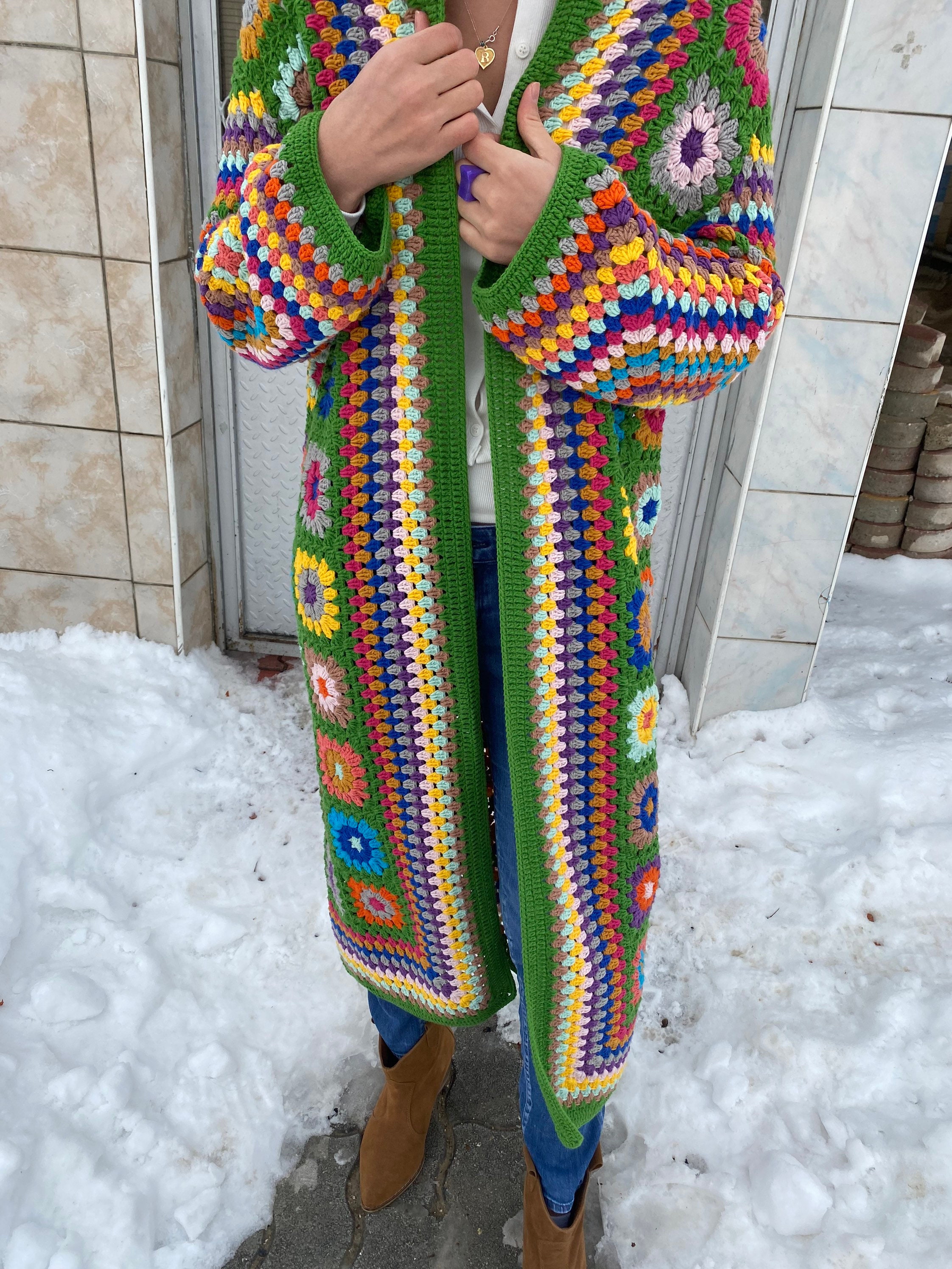 Granny Square Jacket, Green Knit Cardigan, Afghan Crochet, Long Granny Square Coat, Granny Square... — photo 2 of 10