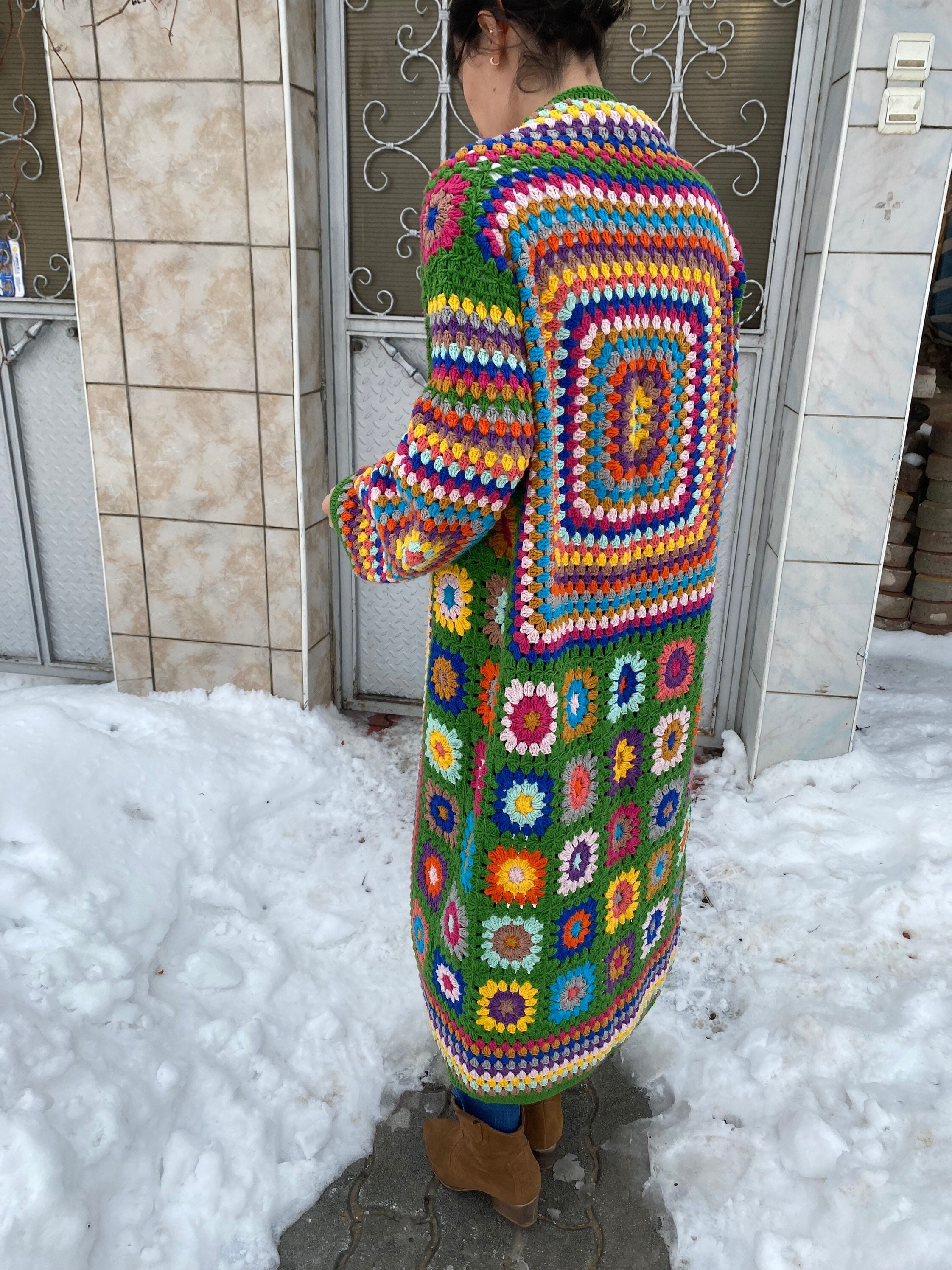 Granny Square Jacket, Green Knit Cardigan, Afghan Crochet, Long Granny Square Coat, Granny Square... — photo 4 of 10