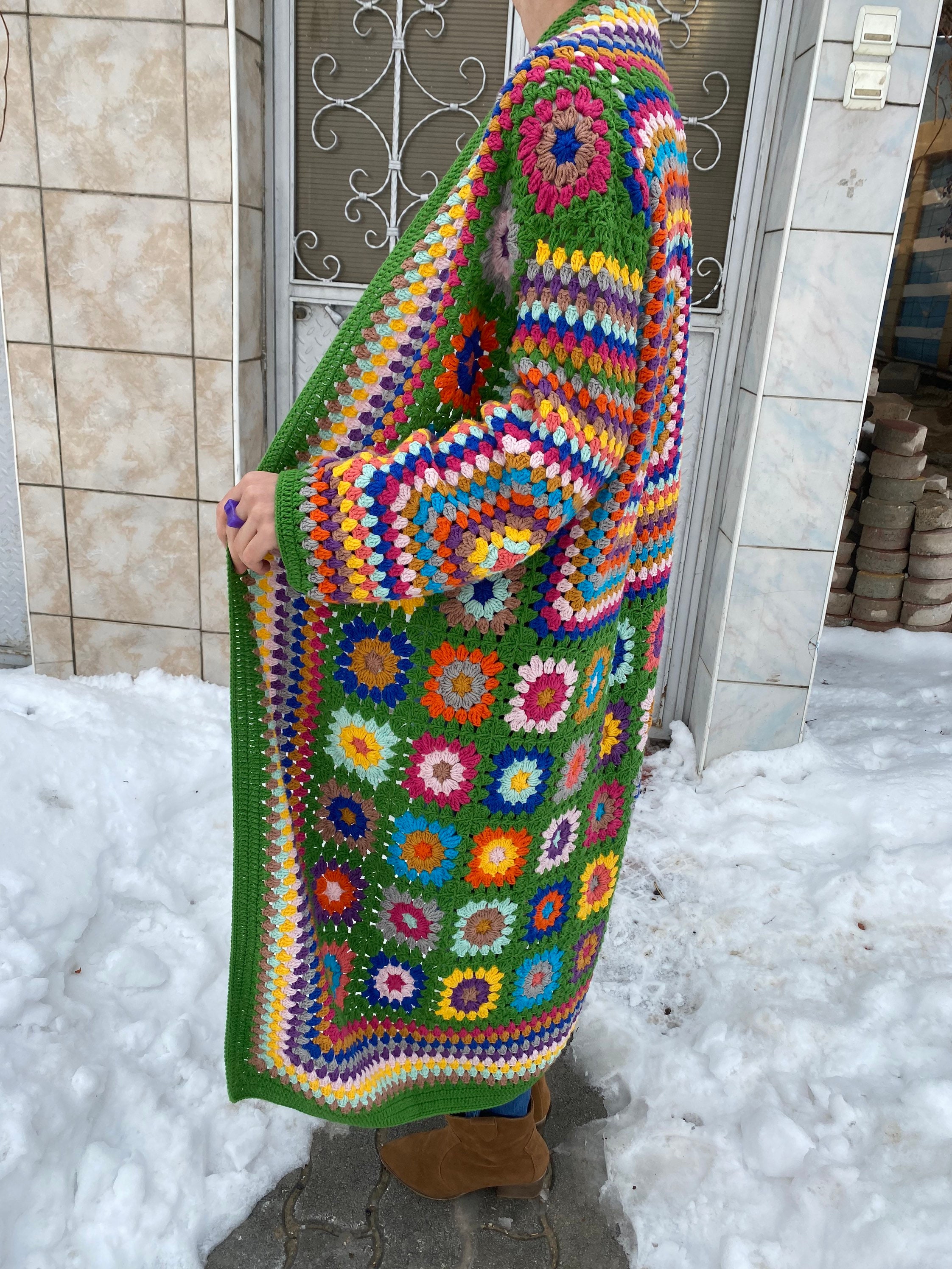 Granny Square Jacket, Green Knit Cardigan, Afghan Crochet, Long Granny Square Coat, Granny Square Coat, Boho Jacket, Granny Square Sweater