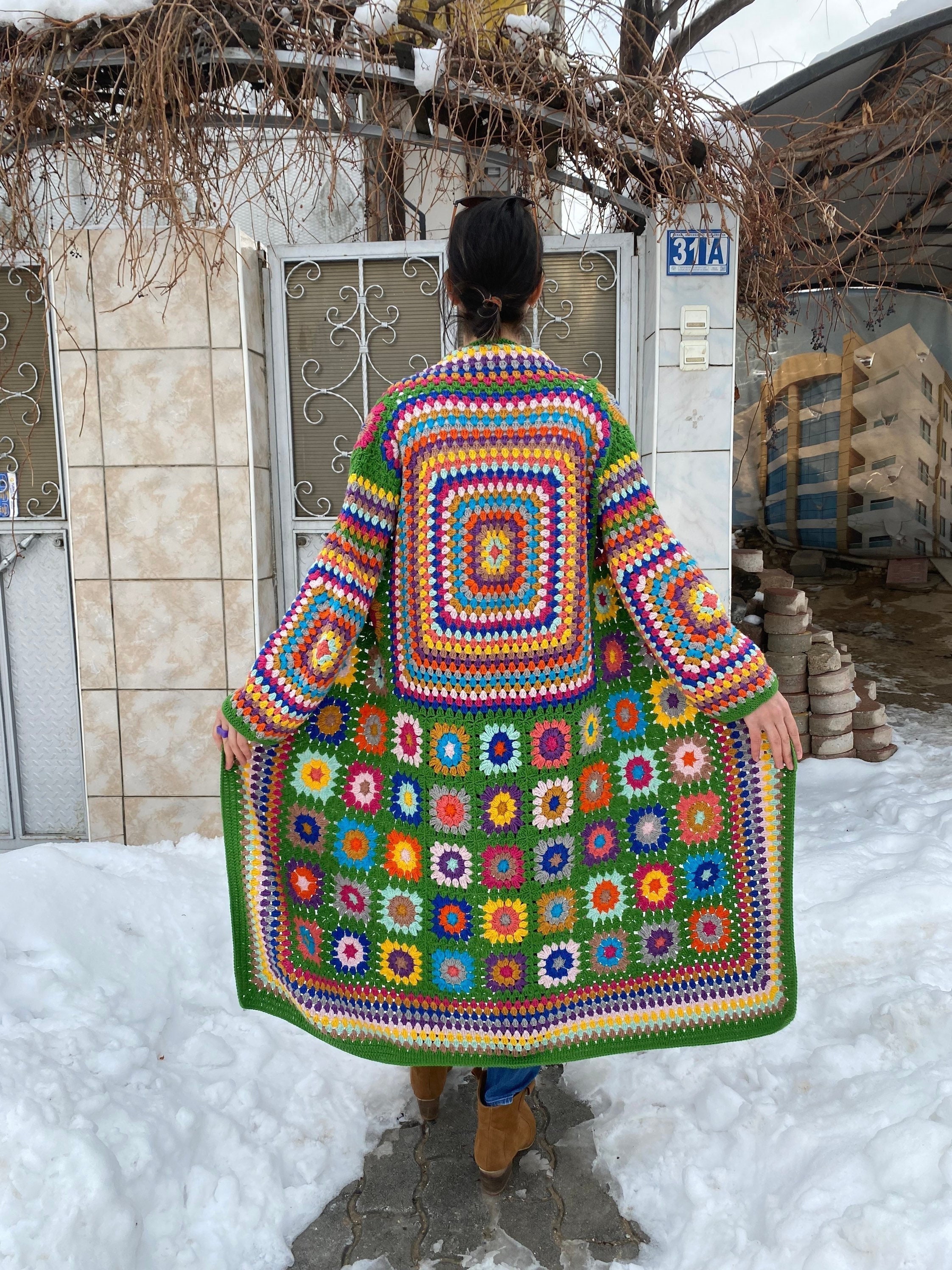 Granny Square Jacket, Green Knit Cardigan, Afghan Crochet, Long Granny Square Coat, Granny Square... — photo 6 of 10