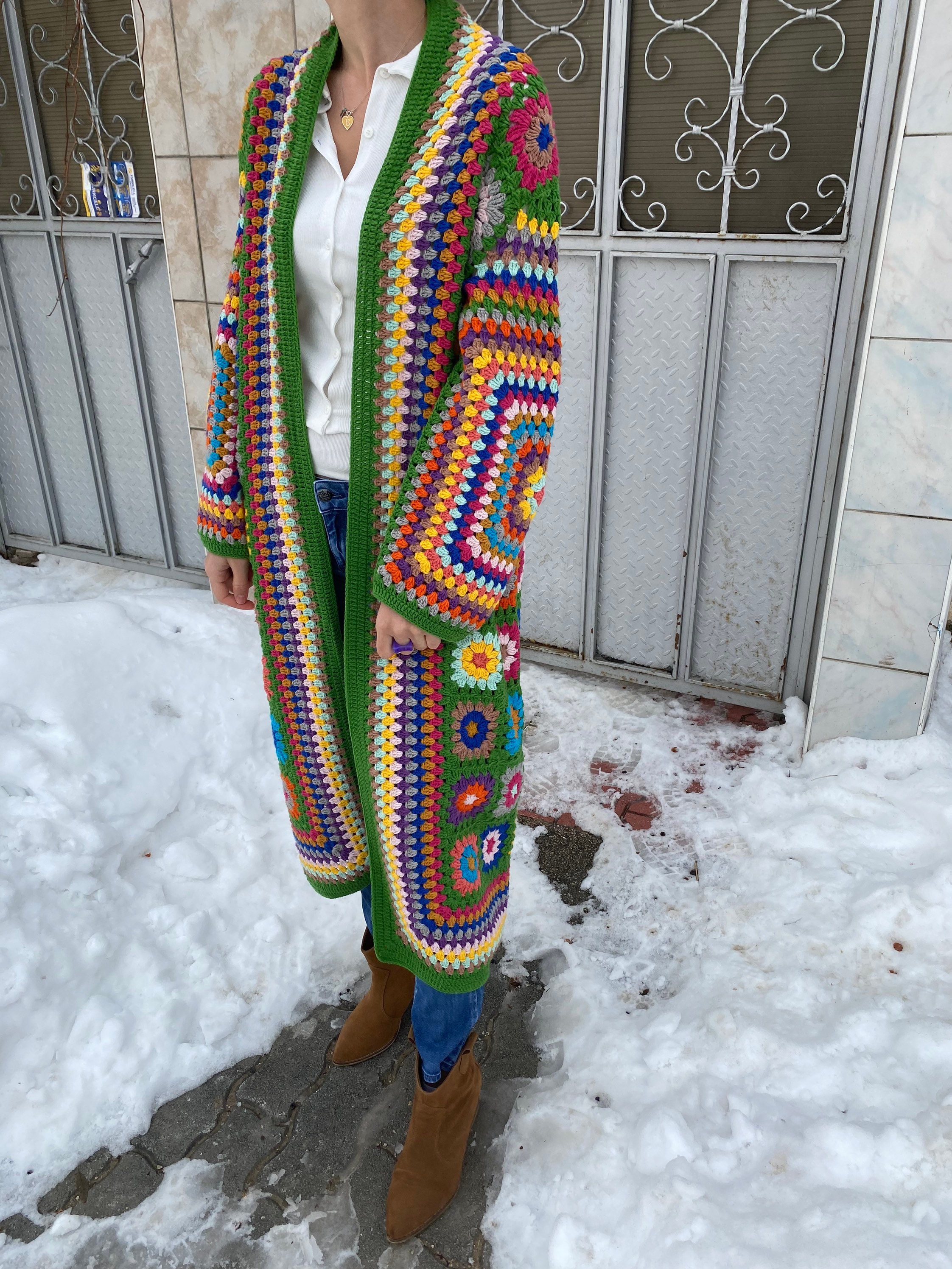 Granny Square Jacket, Green Knit Cardigan, Afghan Crochet, Long Granny Square Coat, Granny Square... — photo 5 of 10