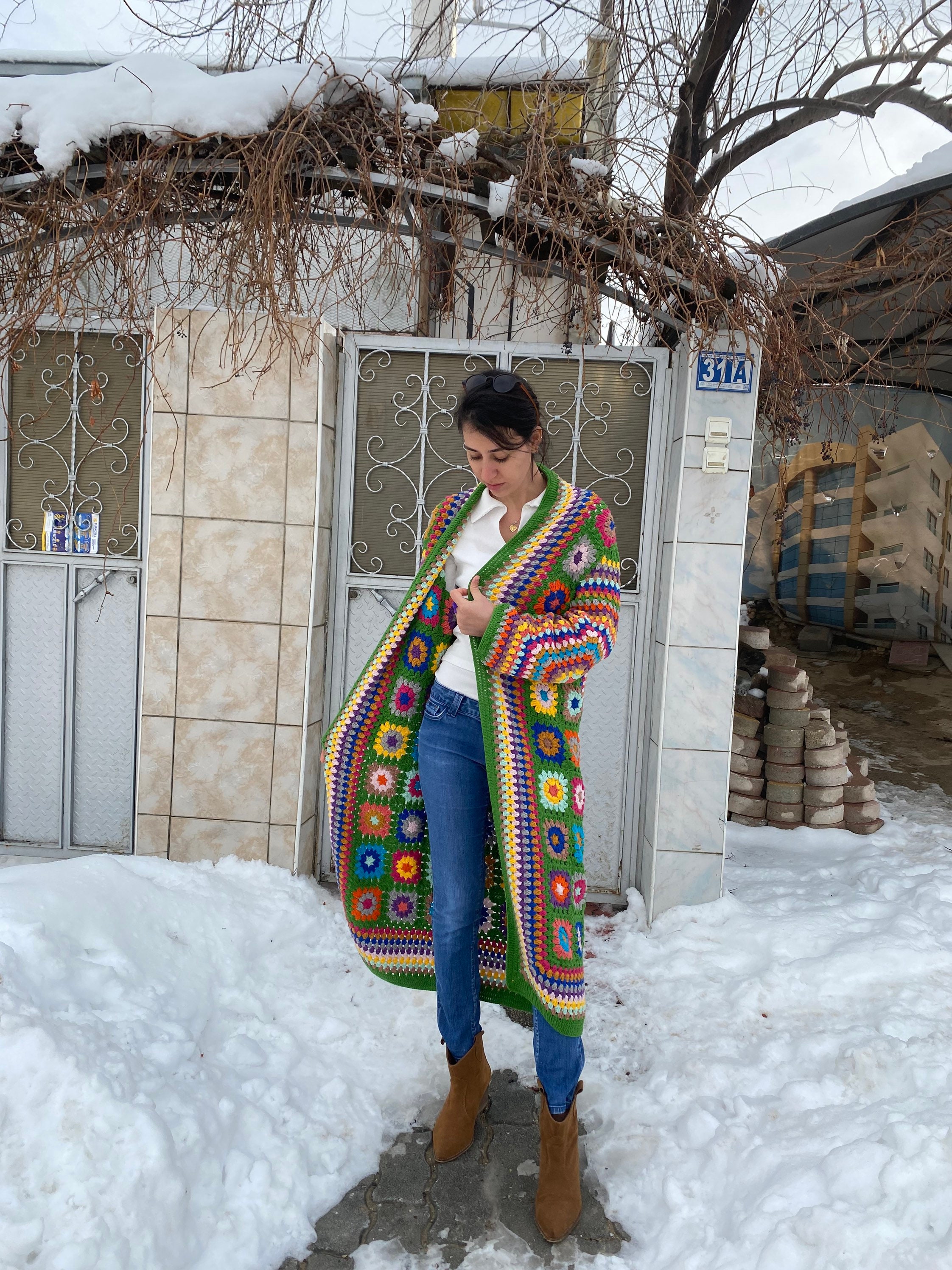 Granny Square Jacket, Green Knit Cardigan, Afghan Crochet, Long Granny Square Coat, Granny Square... — photo 7 of 10