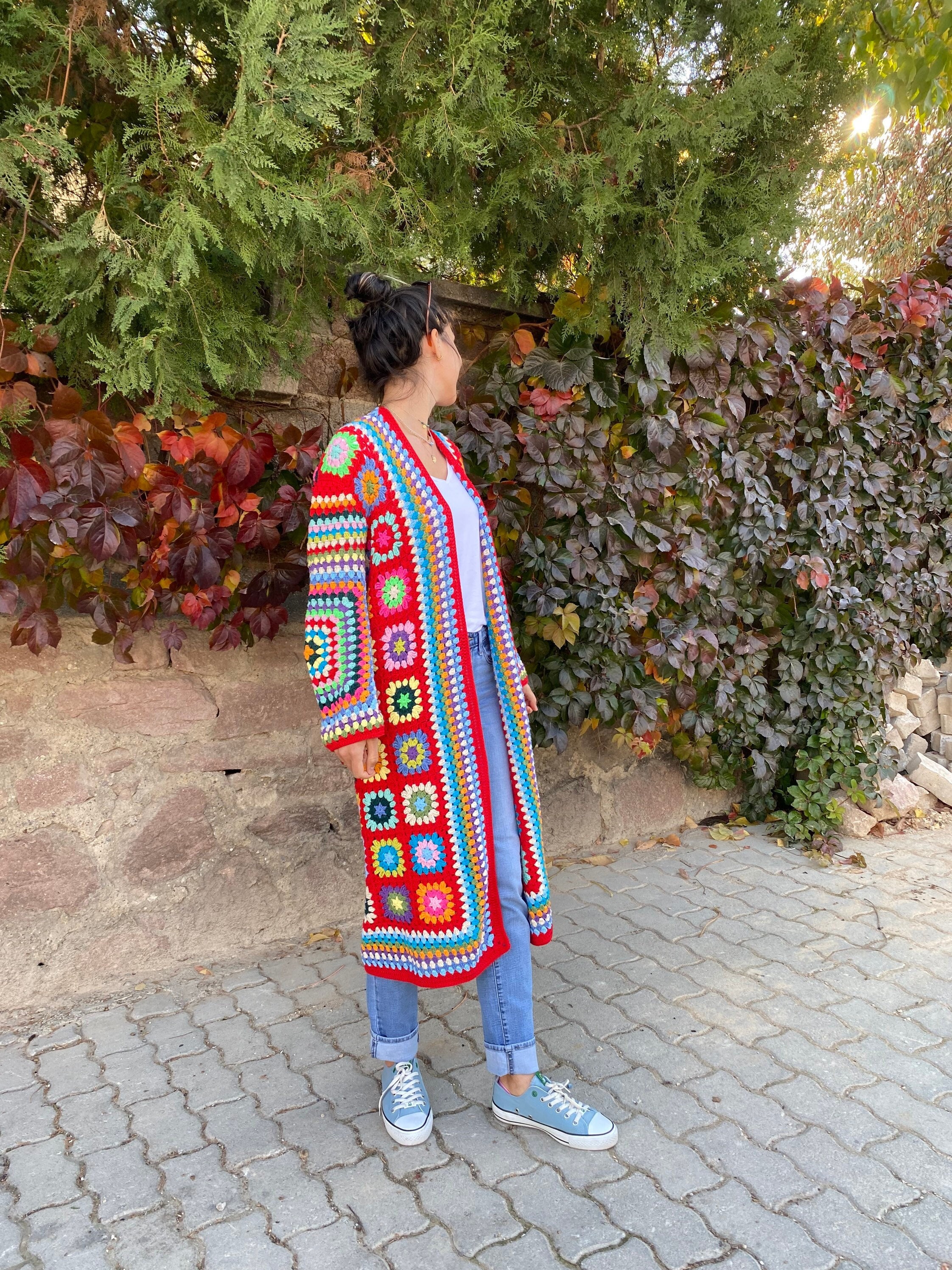 Granny Square Jacket, Red Knit Cardigan, Afghan Crochet, Long Granny Square Coat, Granny Square C... — photo 4 of 10