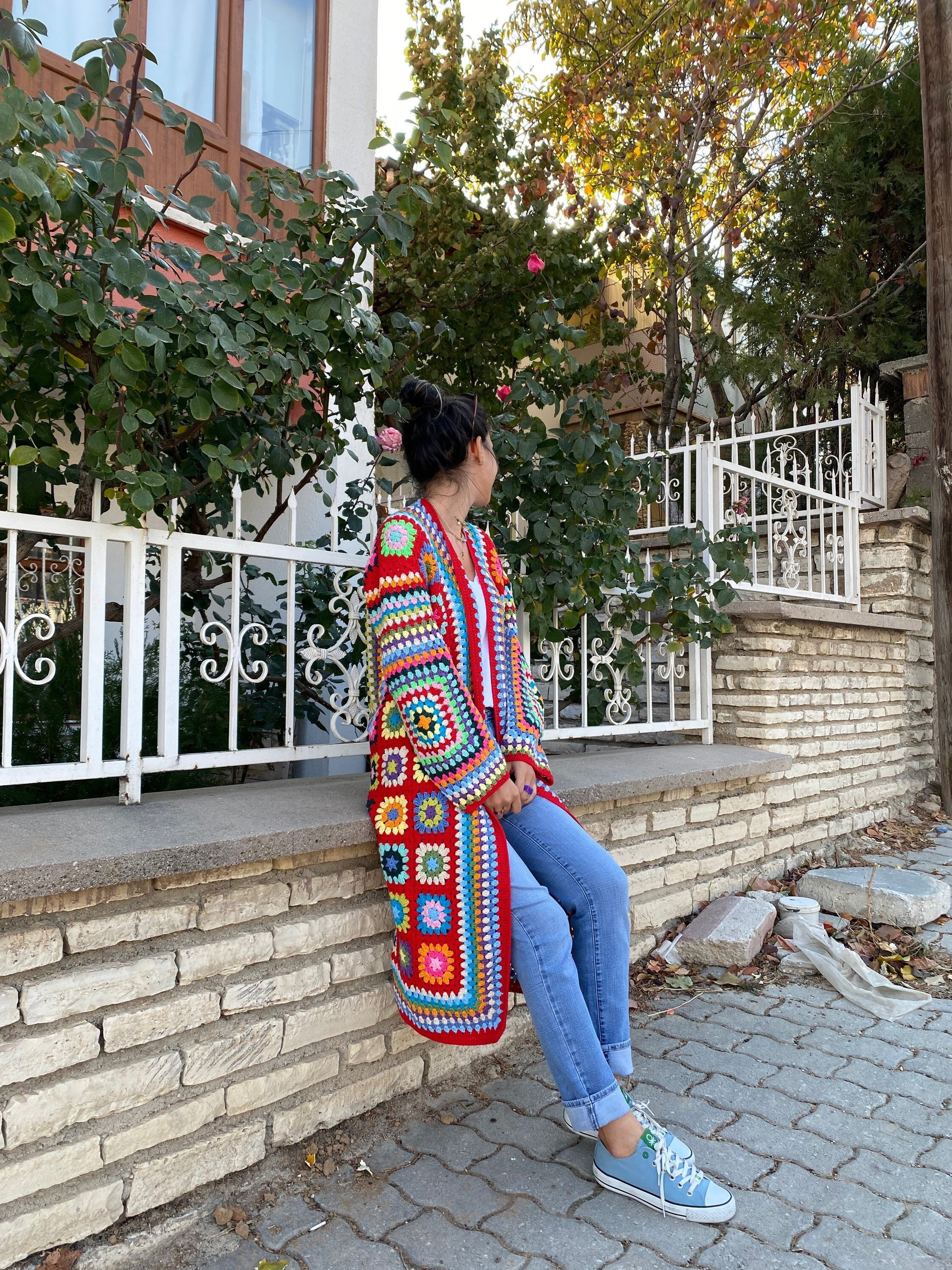 Granny Square Jacket, Red Knit Cardigan, Afghan Crochet, Long Granny Square Coat, Granny Square C... — photo 6 of 10