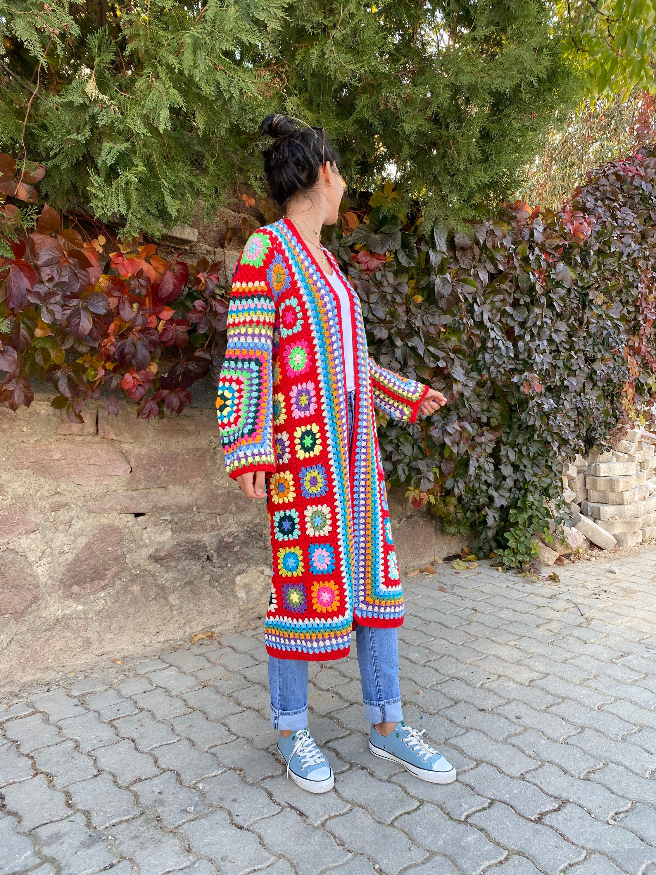 Granny Square Jacket, Red Knit Cardigan, Afghan Crochet, Long Granny Square Coat, Granny Square C... — photo 3 of 10