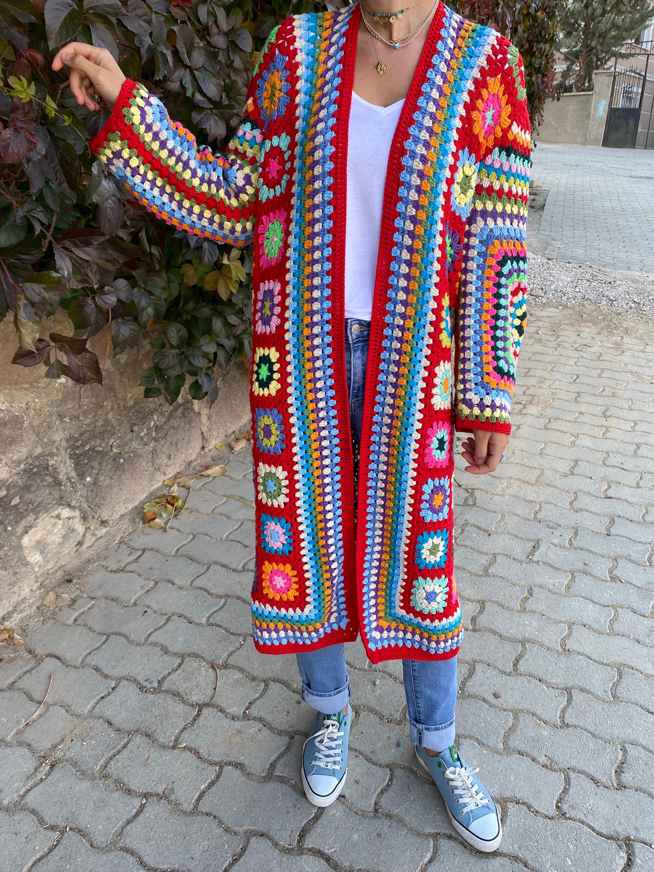Granny Square Jacket, Red Knit Cardigan, Afghan Crochet, Long Granny Square Coat, Granny Square C... — photo 2 of 10
