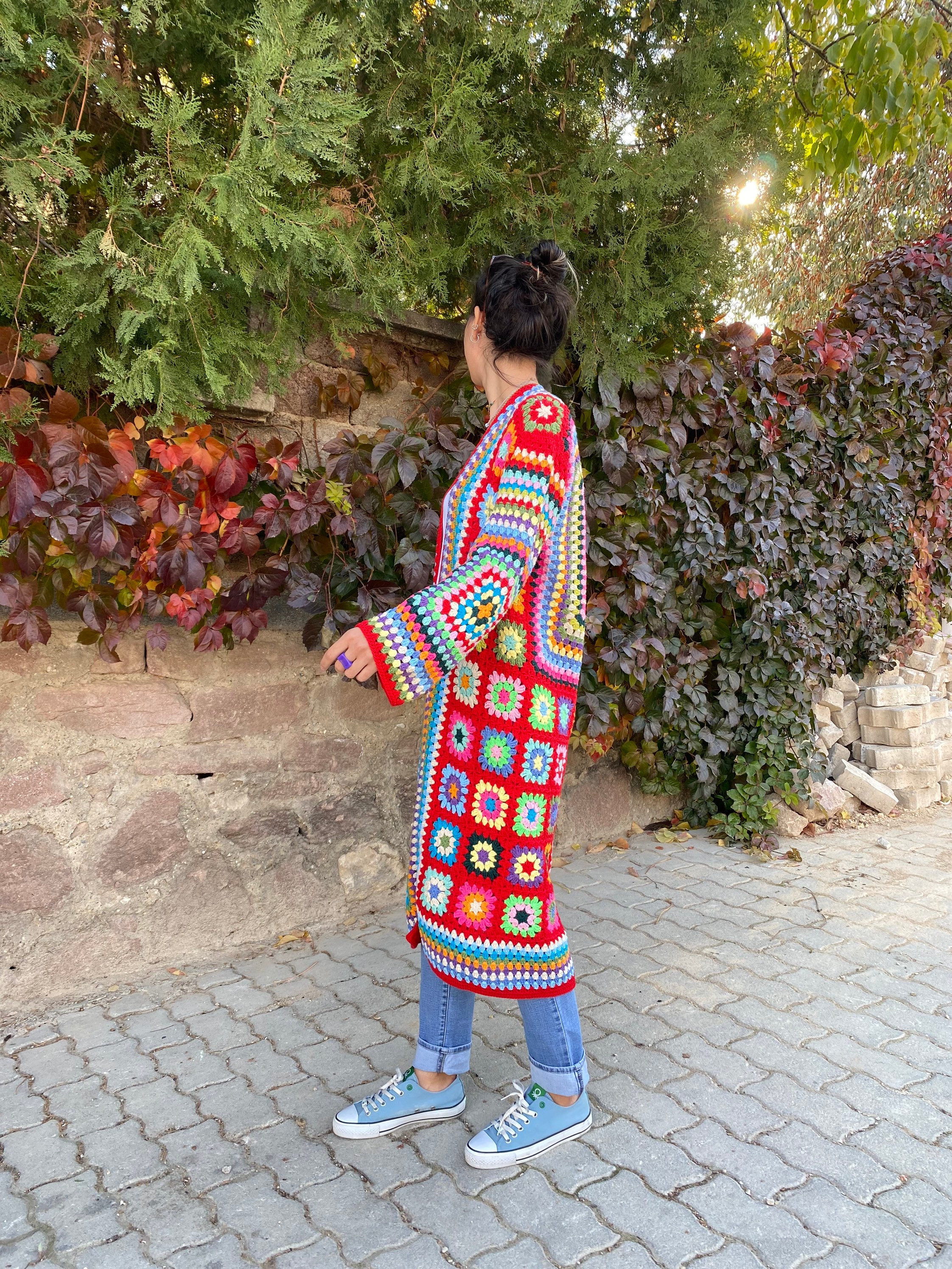 Granny Square Jacket, Red Knit Cardigan, Afghan Crochet, Long Granny Square Coat, Granny Square C... — photo 5 of 10
