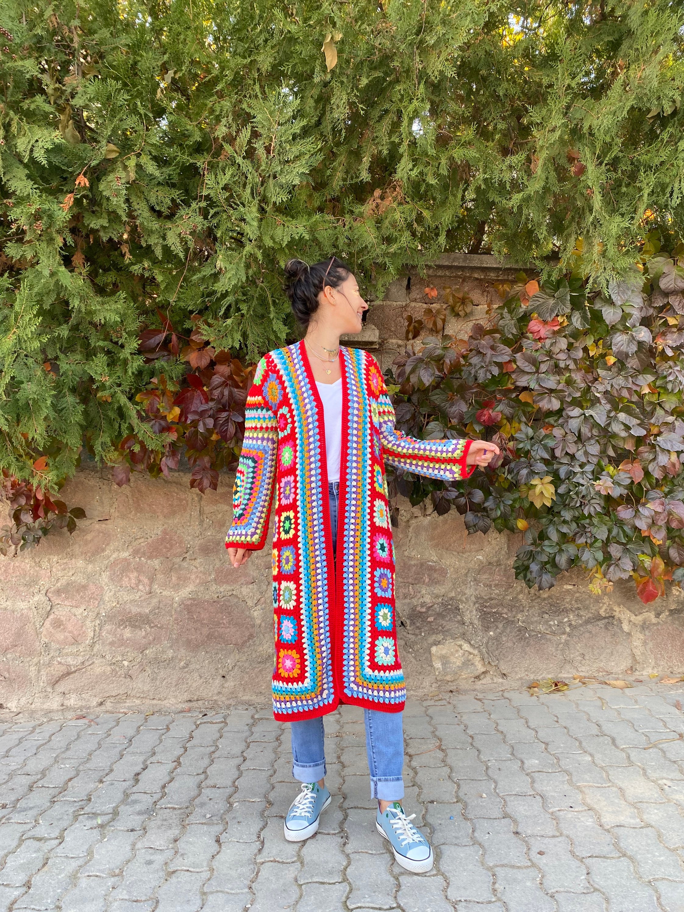 Granny Square Jacket, Red Knit Cardigan, Afghan Crochet, Long Granny Square Coat, Granny Square C... — photo 7 of 10