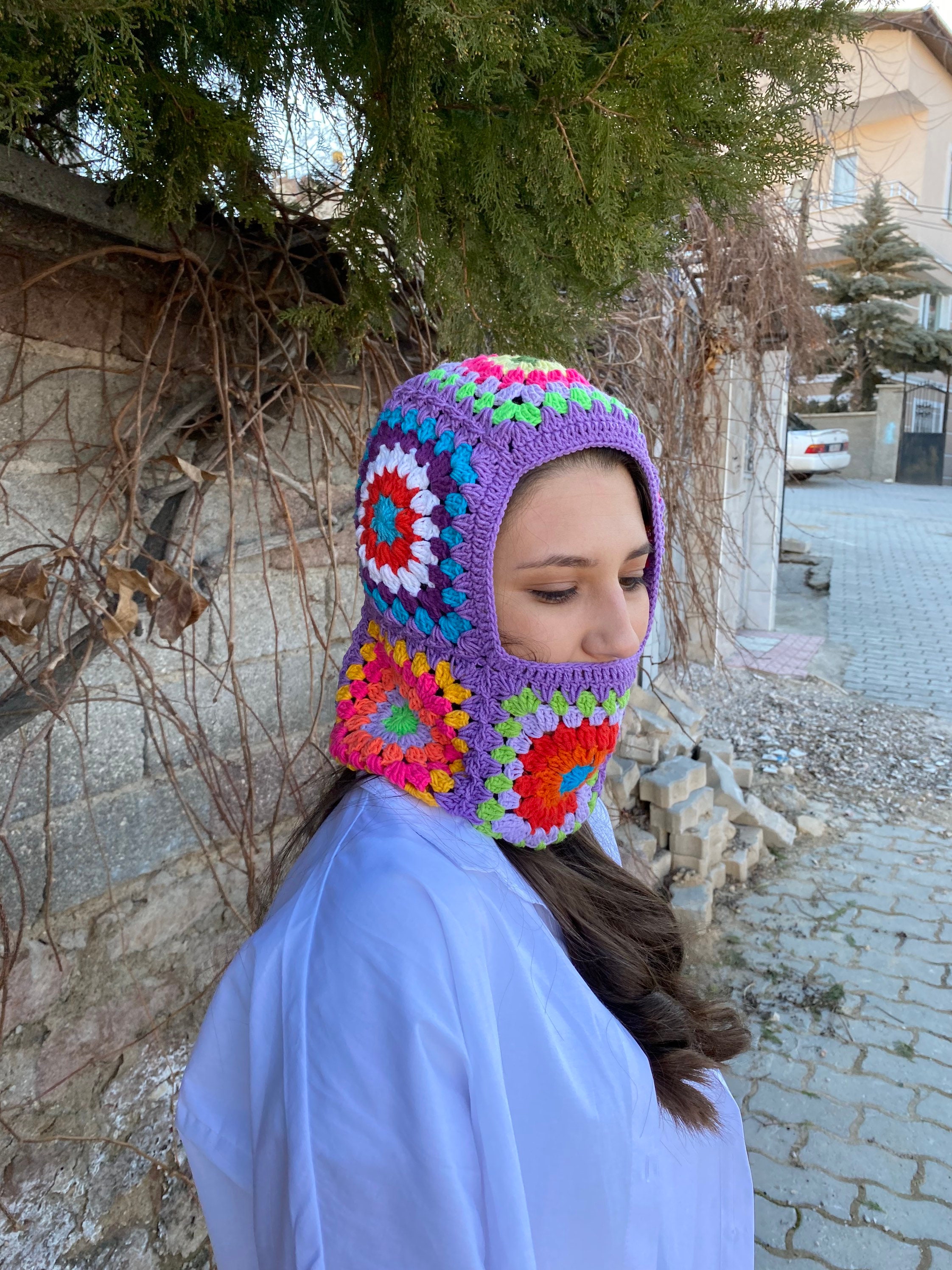 Granny Square Lilac Balaclava, Stylish Balaclava, Crochet Hoodie, Balaclava Fashion, Granny Square Hoodie, Granny Square Hat, Gift for Her