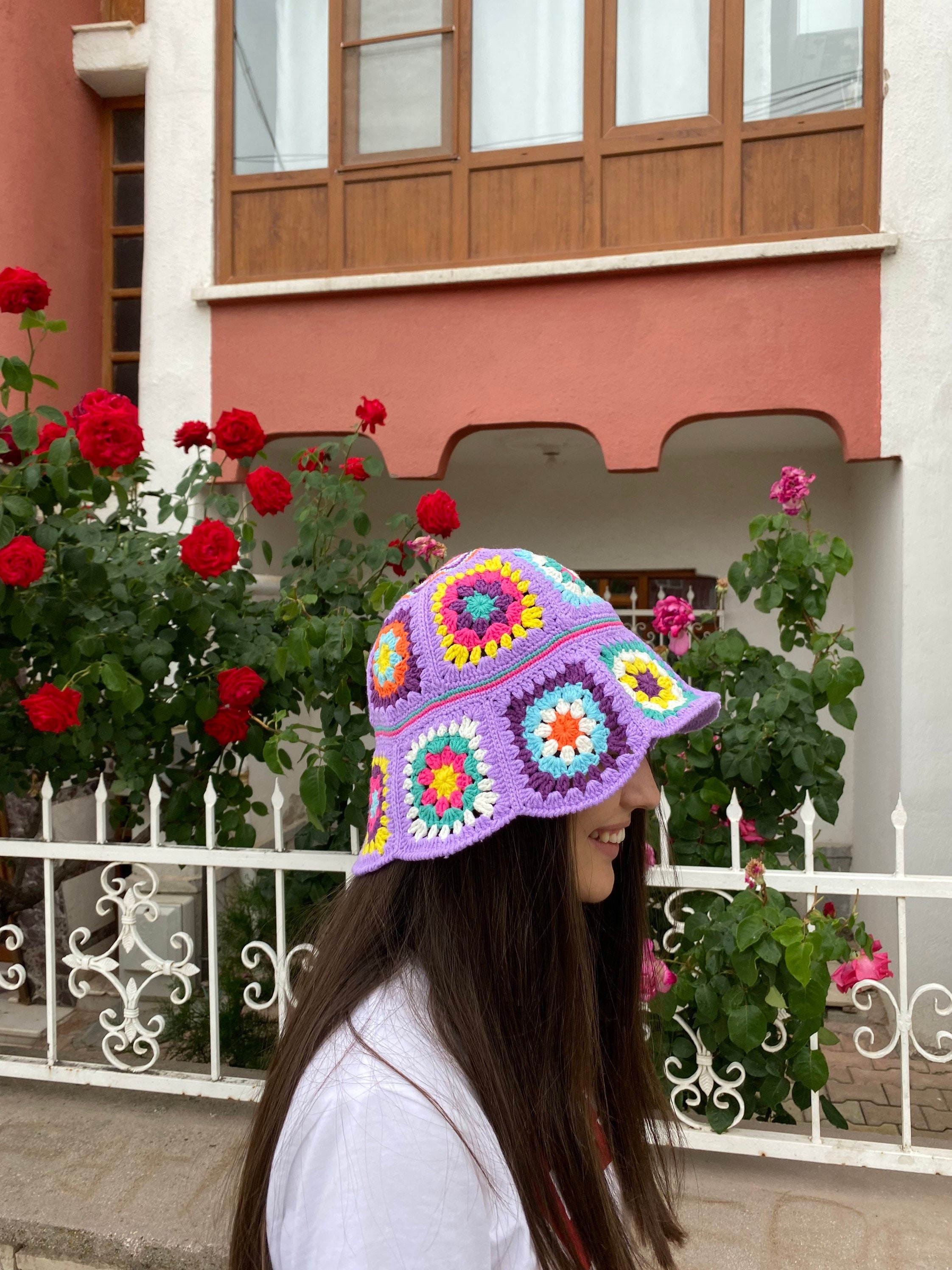 Granny Square Lilac Hat, Colorful Bucket Hat, Rainbow Crochet Hat, Crochet Hat, Festival Hat, Buc... — photo 5 of 10