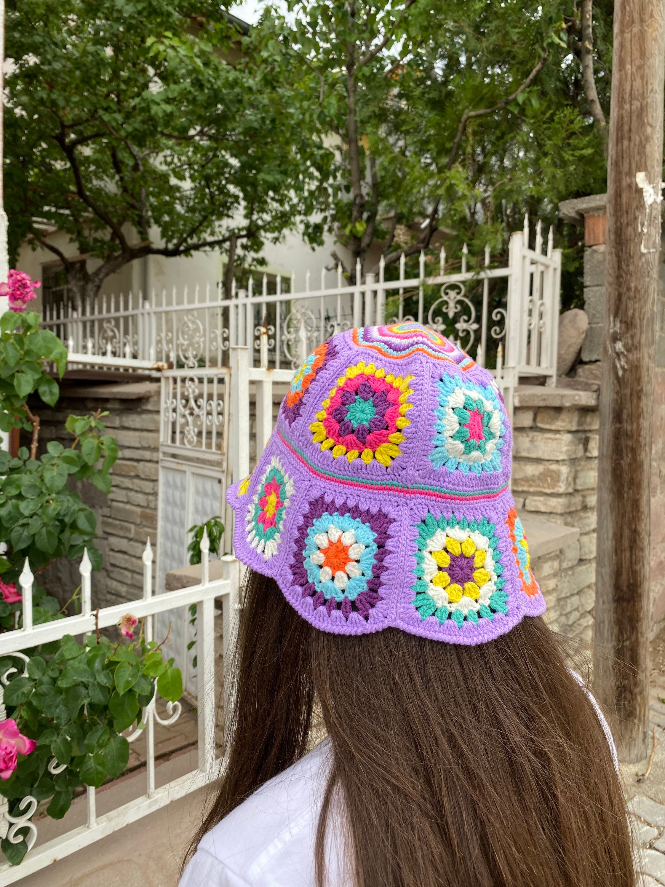 Granny Square Lilac Hat, Colorful Bucket Hat, Rainbow Crochet Hat, Crochet Hat, Festival Hat, Buc... — photo 7 of 10