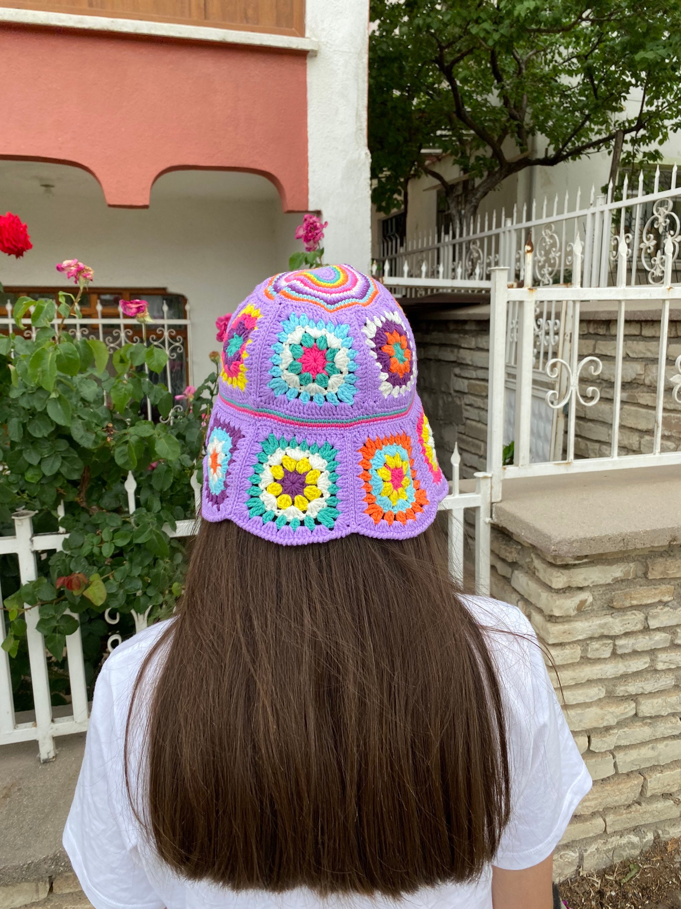 Granny Square Lilac Hat, Colorful Bucket Hat, Rainbow Crochet Hat, Crochet Hat, Festival Hat, Buc... — photo 6 of 10