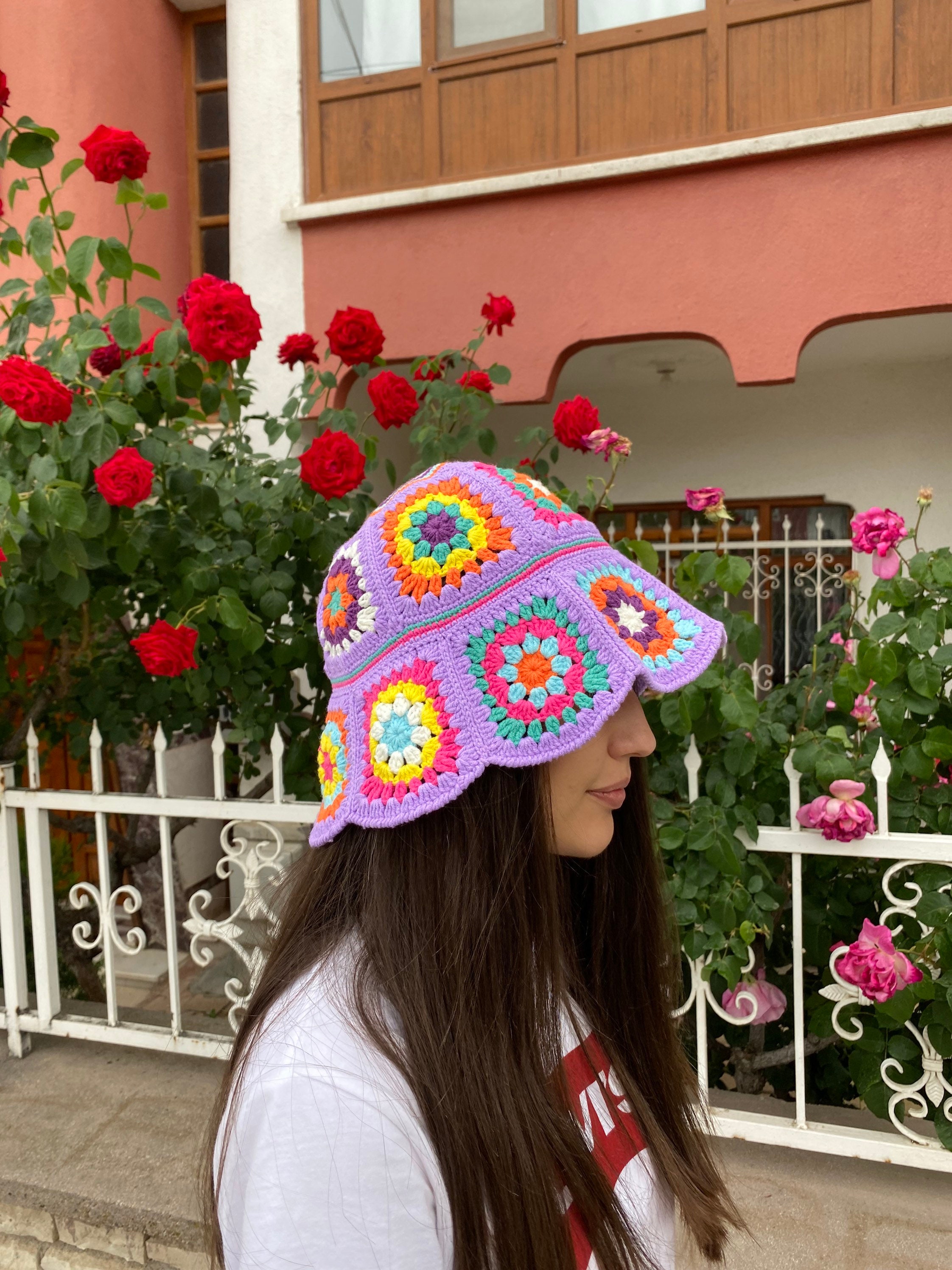 Granny Square Lilac Hat, Colorful Bucket Hat, Rainbow Crochet Hat, Crochet Hat, Festival Hat, Buc... — photo 3 of 10